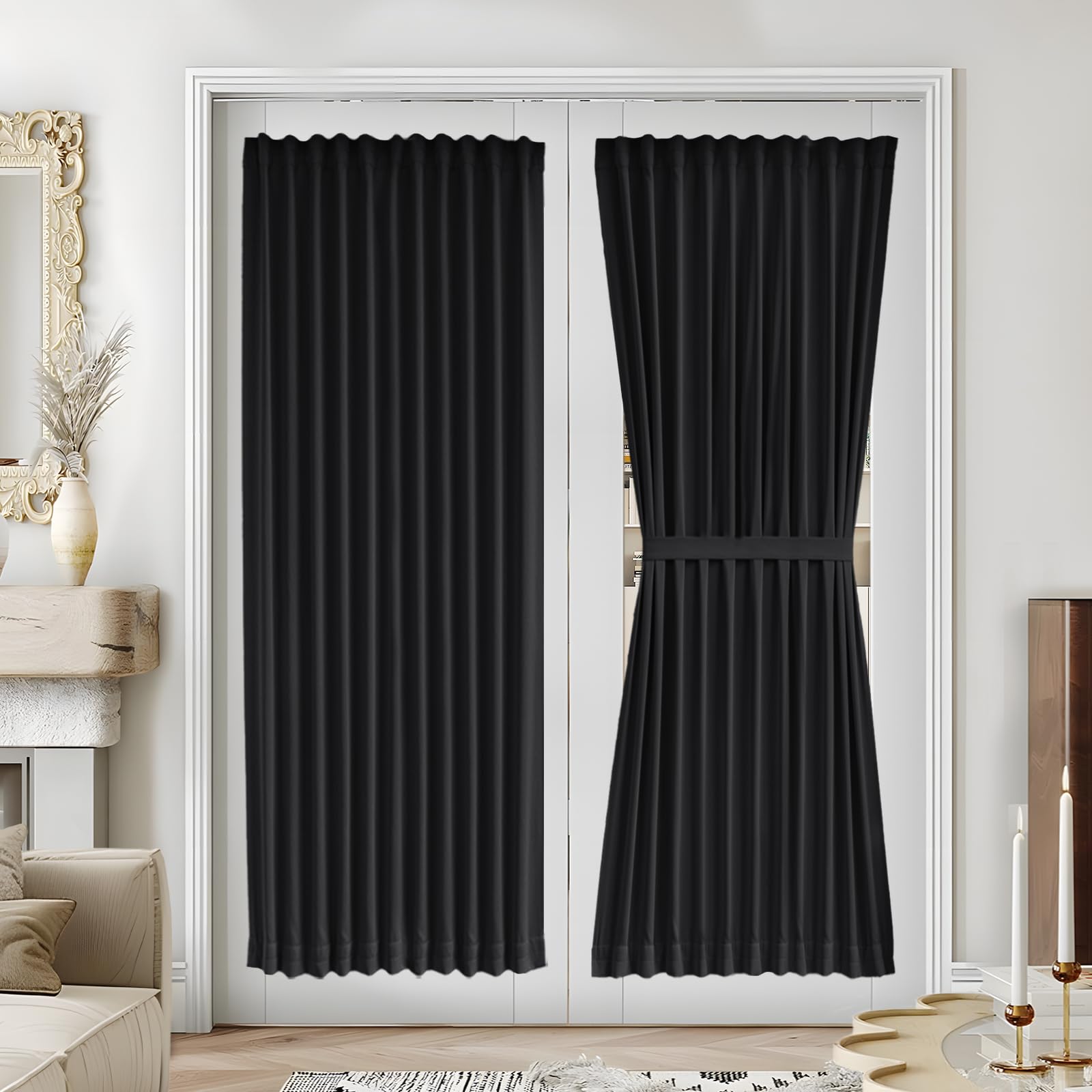 Vatge Self-Adhesive French Door Curtains - Rodless No Drill Light Filtering Window Treatment for Sliding Glass Doors, 1 Panel, W25 x L72, Greyish White