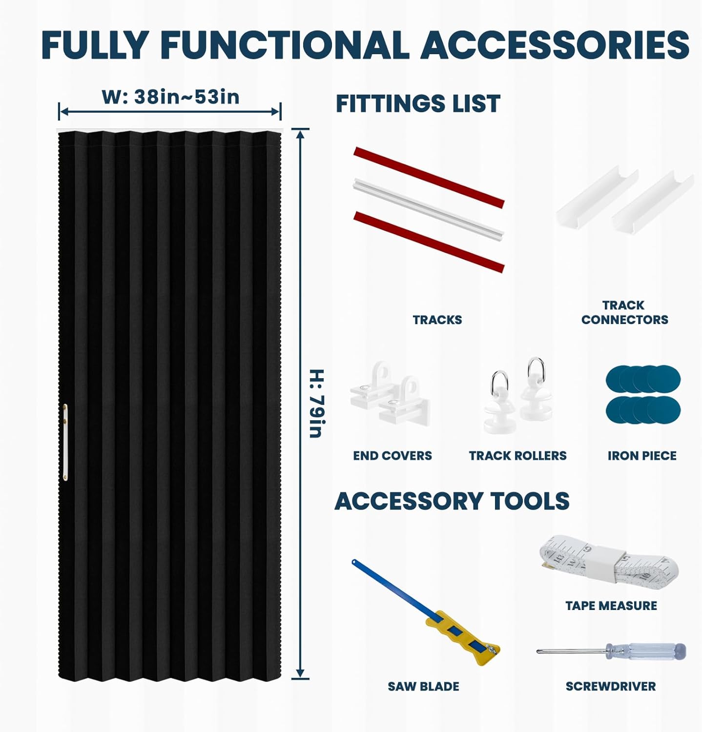 AJAZZ 100% Blackout Accordion Door Front Door Curtain Invisible Folding Doors Interior for Bedroom Living Room Doorway Curtain Sets Included Tracks (1Panel, 53W x 79 L, Black)