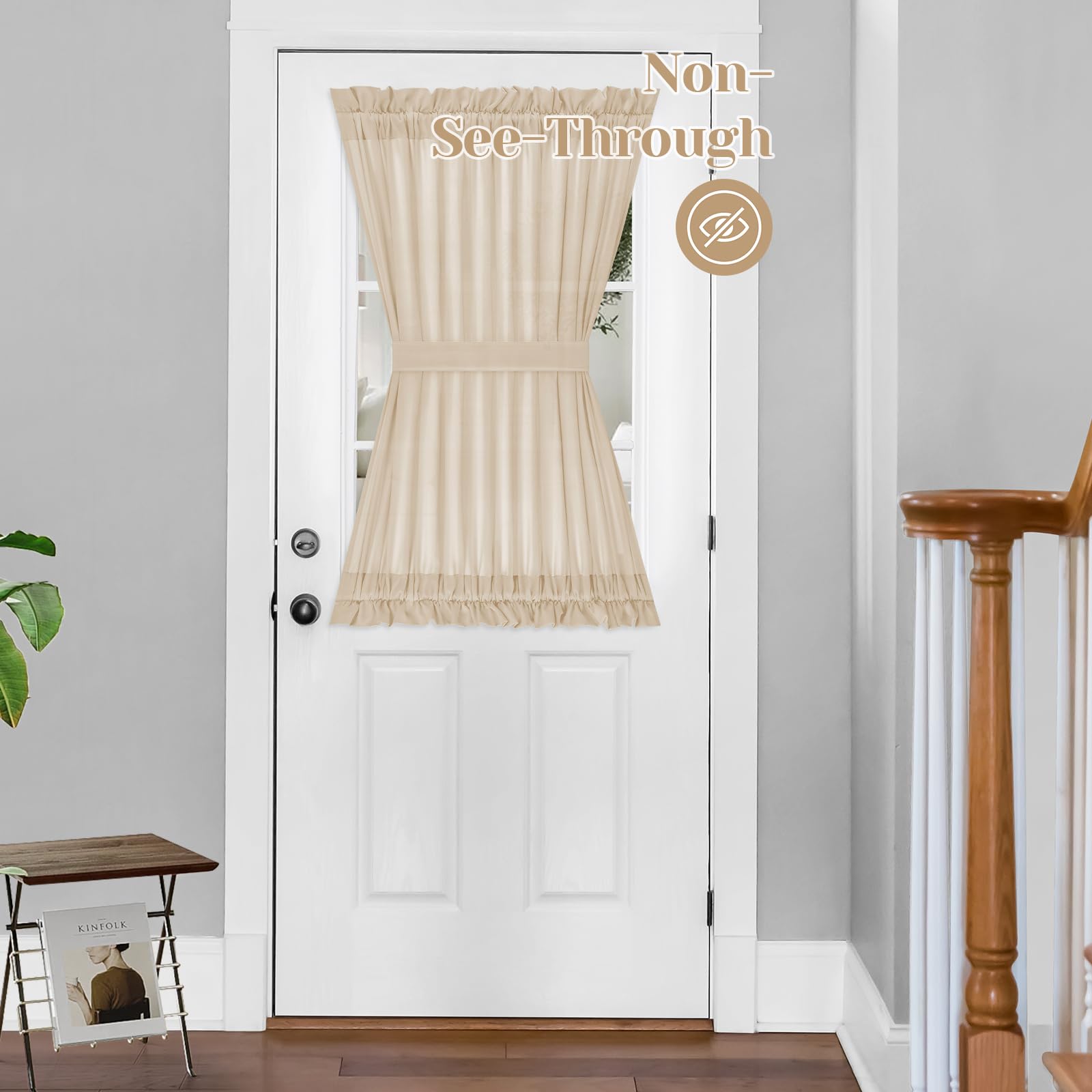 HOMEIDEAS Non-See-Through French Door Curtains Set of 2 for Front Door, Light Filtering Privacy Semi Sheer Window Curtains with Rod Pocket and Tie Back, Beige/Taupe, 26W X 72L Inch