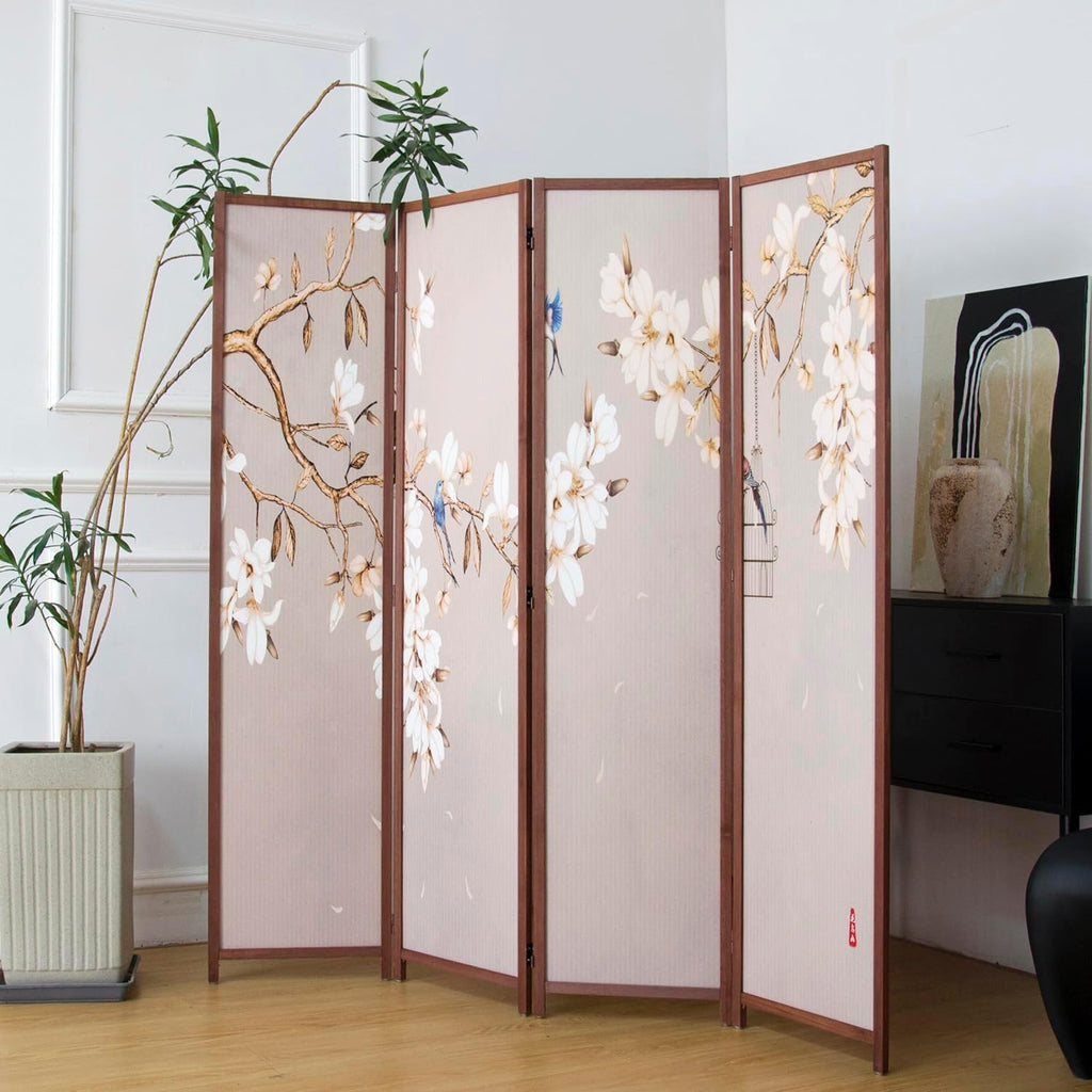 4 Panel Room Divider, 5.6 ft Tall Blackout Folding Privacy Screen - Freestanding Partition Wall with Double-Sided Patterns, Graceful Floral and Bird Artwork for Home Office (67" H x 63" W)