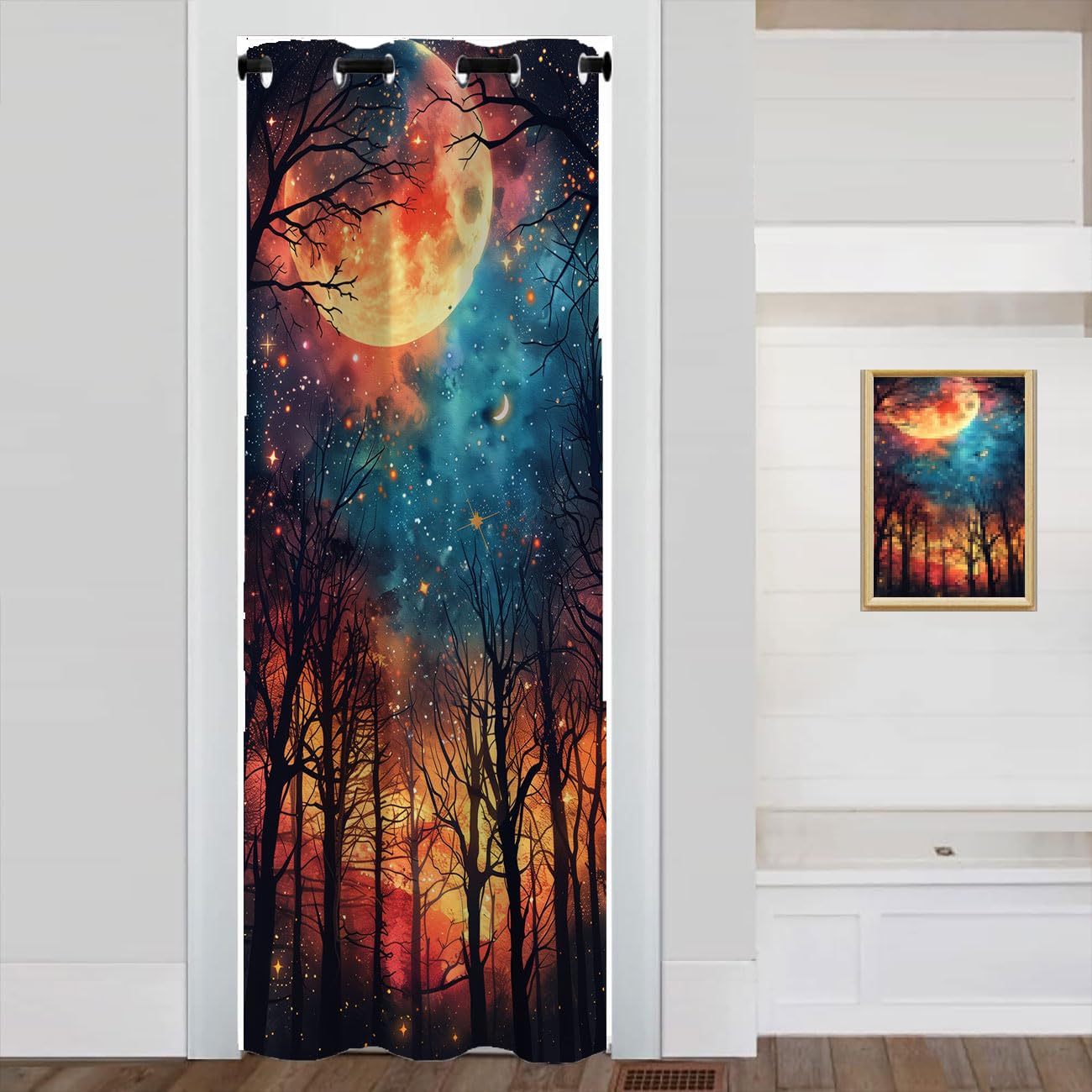Mountains Forest Door Curtain for Doorway Privacy, Watercolor Landscape Tree Green Room Divider Curtain for Privacy Bedroom Doorway Living Room, 1 Panel 34" W X 80" L