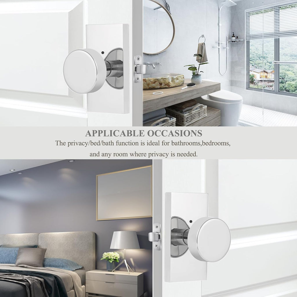 Polished Chrome Door Knobs Interior with Lock, Modern Privacy Door Knob Door Handles for Bathroom Bedroom Round
