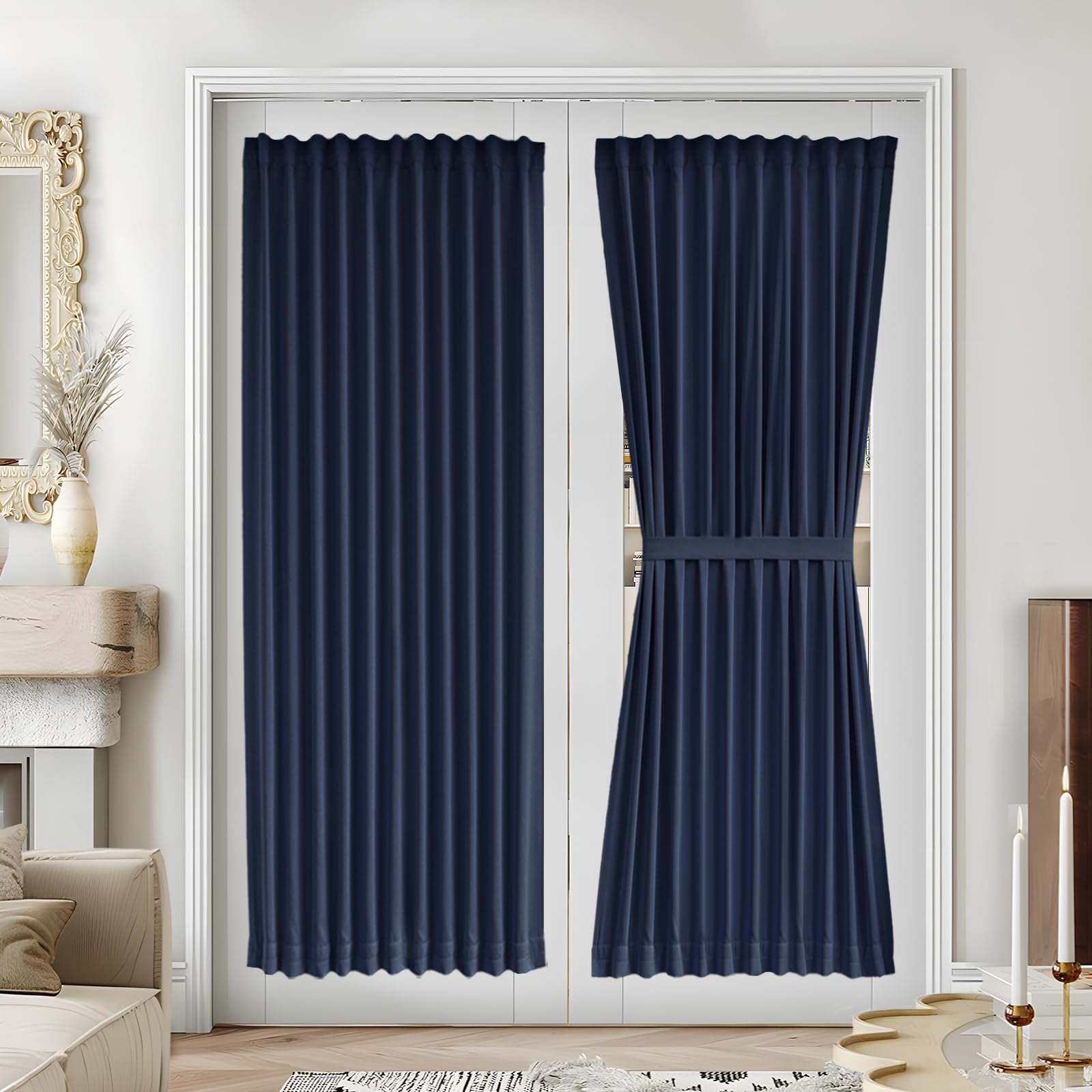 Vatge Self-Adhesive French Door Curtains - Rodless No Drill Light Filtering Window Treatment for Sliding Glass Doors, 1 Panel, W25 x L72, Greyish White
