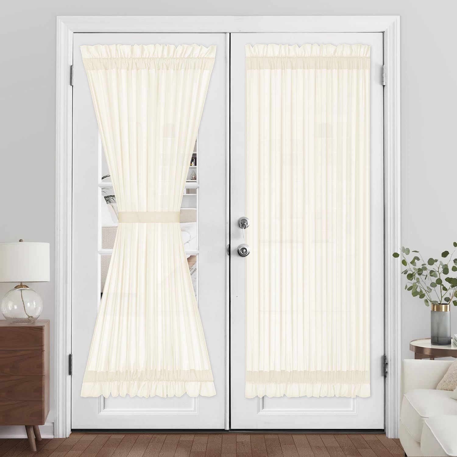 HOMEIDEAS Non-See-Through French Door Curtains Set of 2 for Front Door, Light Filtering Privacy Semi Sheer Window Curtains with Rod Pocket and Tie Back, Beige/Taupe, 26W X 72L Inch