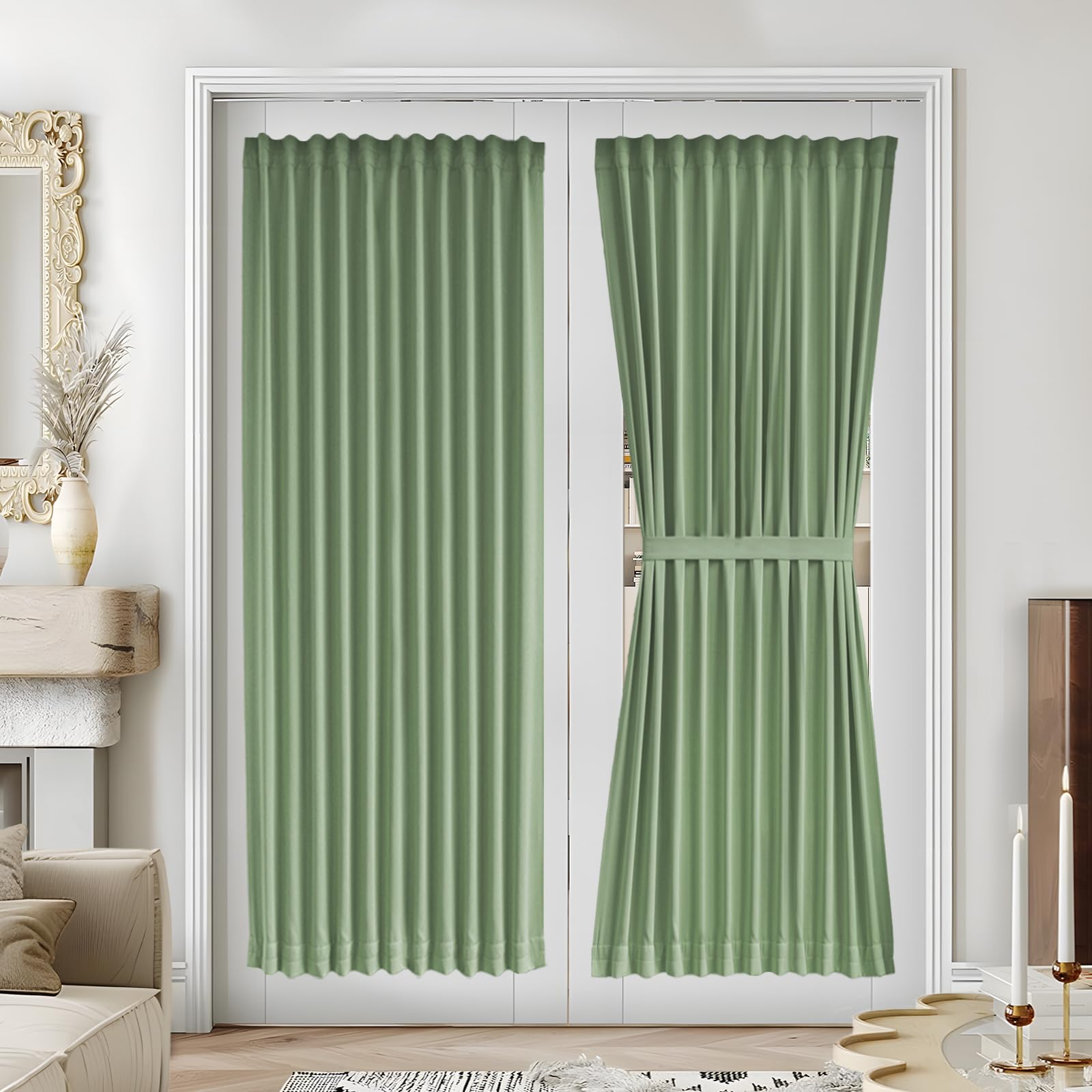 Vatge Self-Adhesive French Door Curtains - Rodless No Drill Light Filtering Window Treatment for Sliding Glass Doors, 1 Panel, W25 x L72, Greyish White