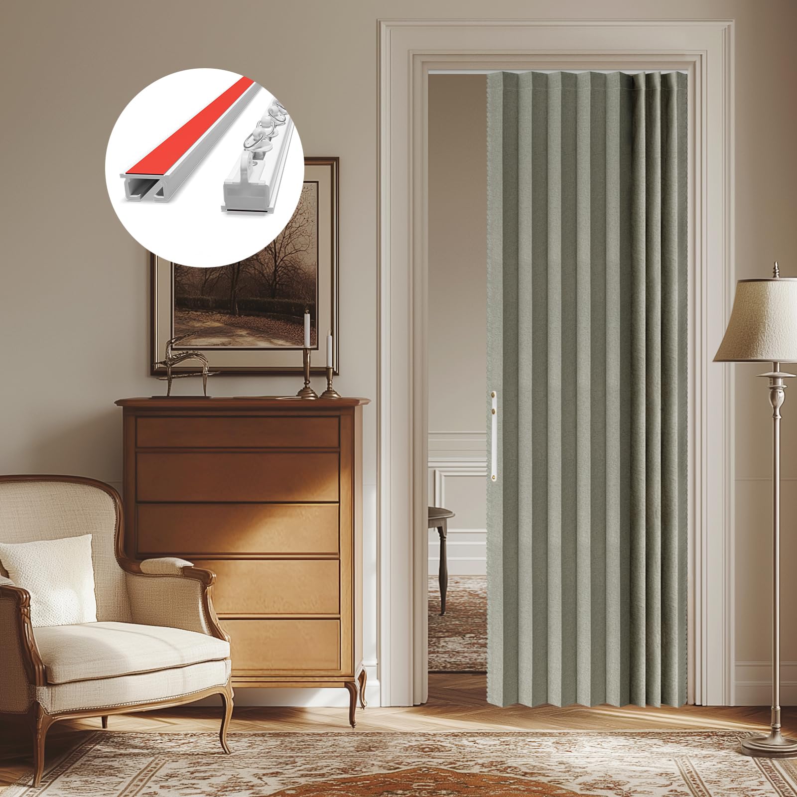 AJAZZ 100% Blackout Accordion Door Front Door Curtain Invisible Folding Doors Interior for Bedroom Living Room Doorway Curtain Sets Included Tracks (1Panel, 53W x 79 L, Black)