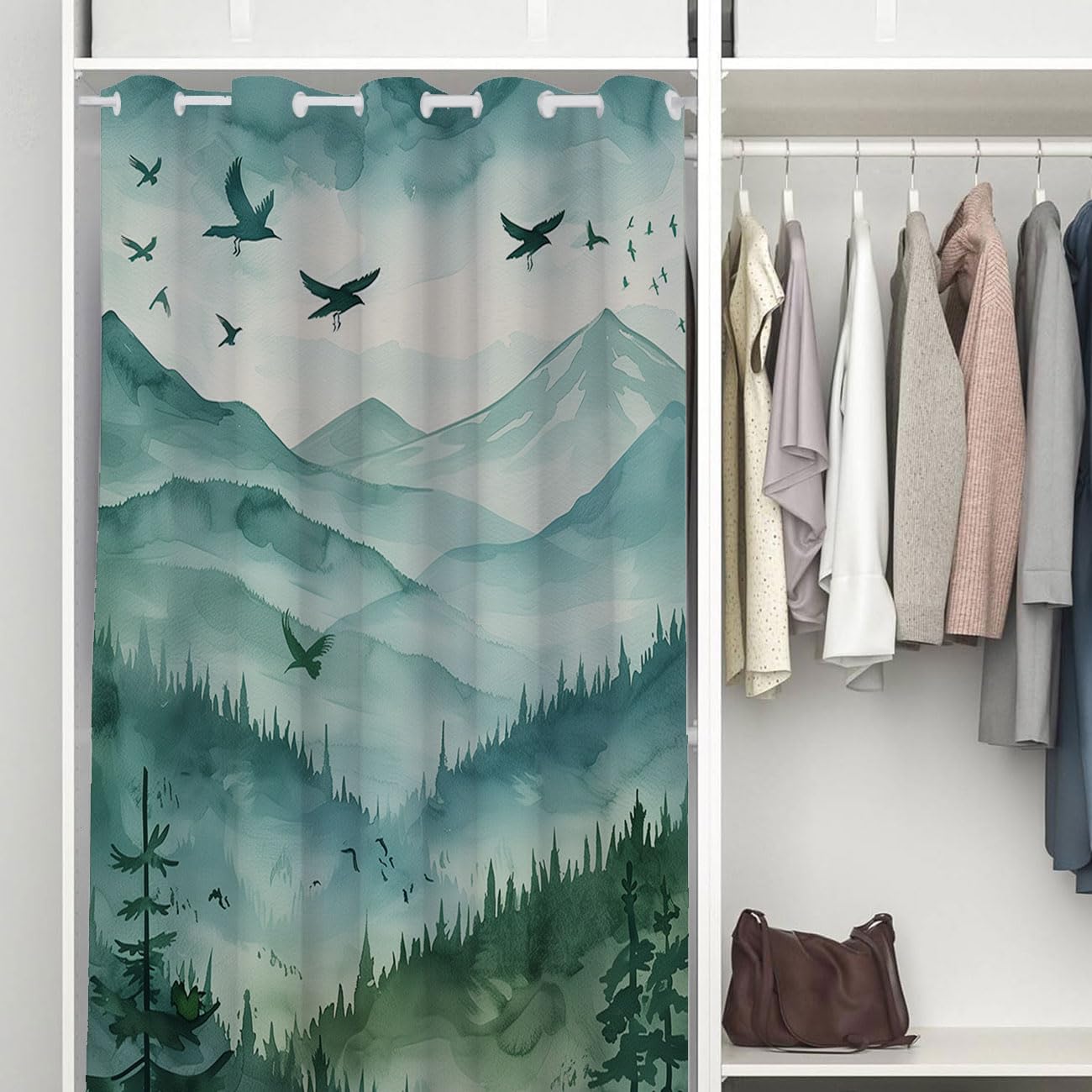 Mountains Forest Door Curtain for Doorway Privacy, Watercolor Landscape Tree Green Room Divider Curtain for Privacy Bedroom Doorway Living Room, 1 Panel 34" W X 80" L