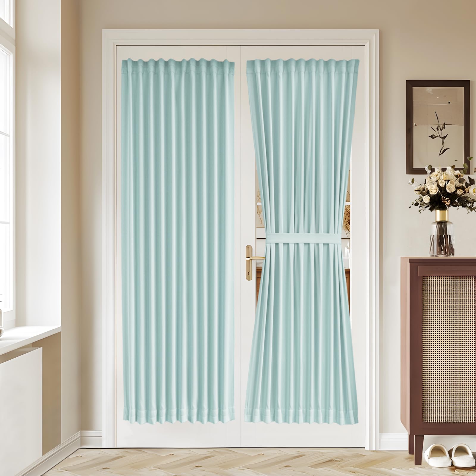 Vatge Self-Adhesive French Door Curtains - Rodless No Drill Light Filtering Window Treatment for Sliding Glass Doors, 1 Panel, W25 x L72, Greyish White