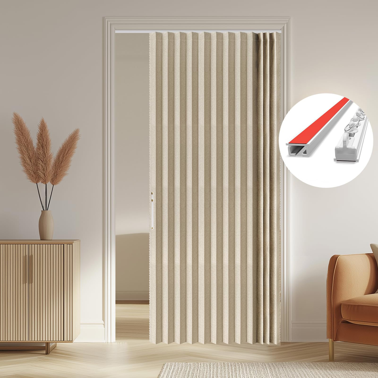 AJAZZ 100% Blackout Accordion Door Front Door Curtain Invisible Folding Doors Interior for Bedroom Living Room Doorway Curtain Sets Included Tracks (1Panel, 53W x 79 L, Black)
