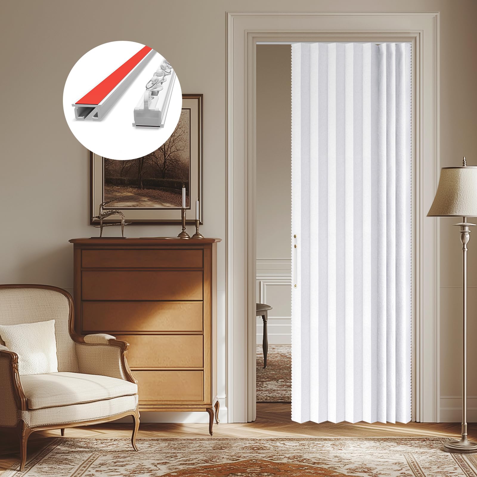 AJAZZ 100% Blackout Accordion Door Front Door Curtain Invisible Folding Doors Interior for Bedroom Living Room Doorway Curtain Sets Included Tracks (1Panel, 53W x 79 L, Black)