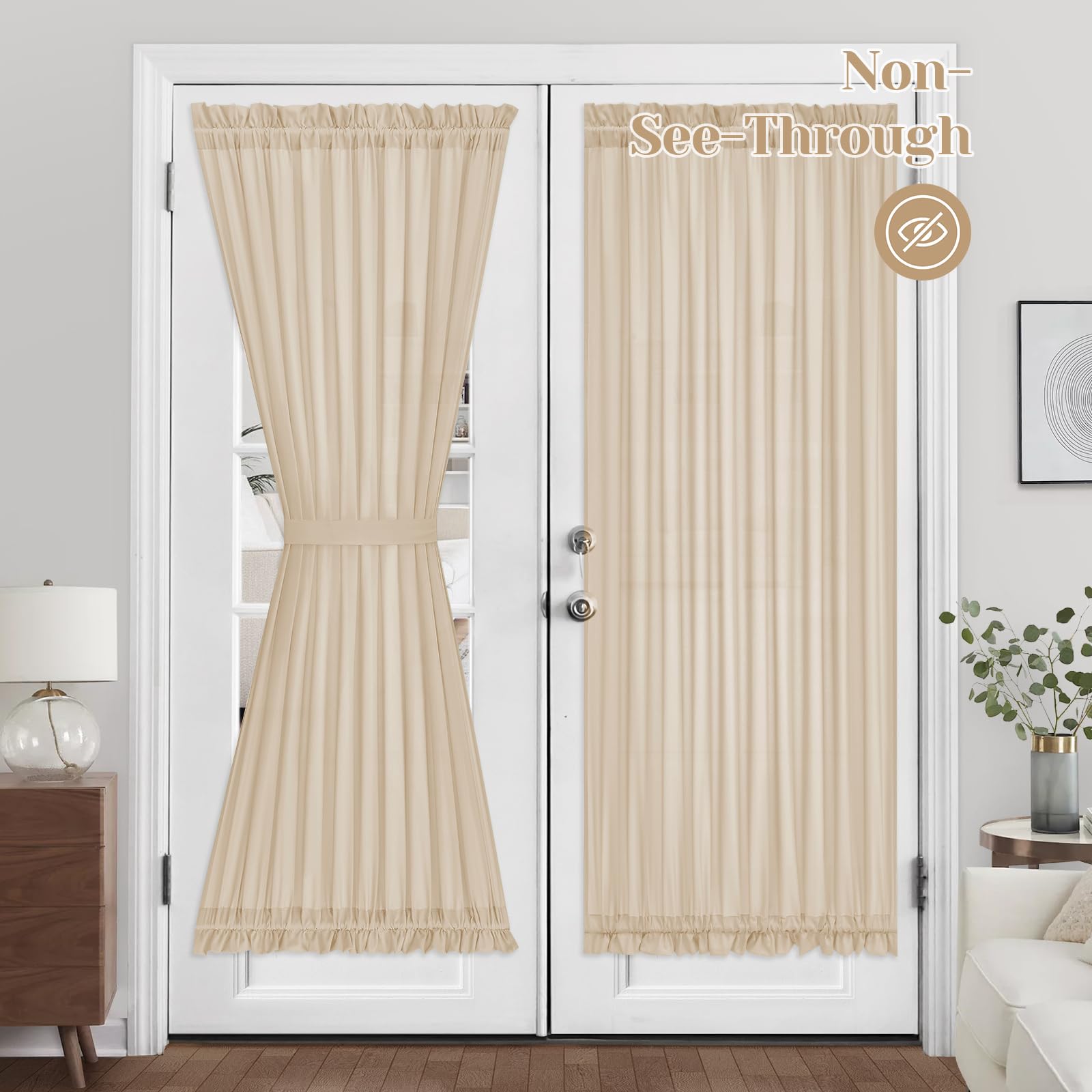 HOMEIDEAS Non-See-Through French Door Curtains Set of 2 for Front Door, Light Filtering Privacy Semi Sheer Window Curtains with Rod Pocket and Tie Back, Beige/Taupe, 26W X 72L Inch