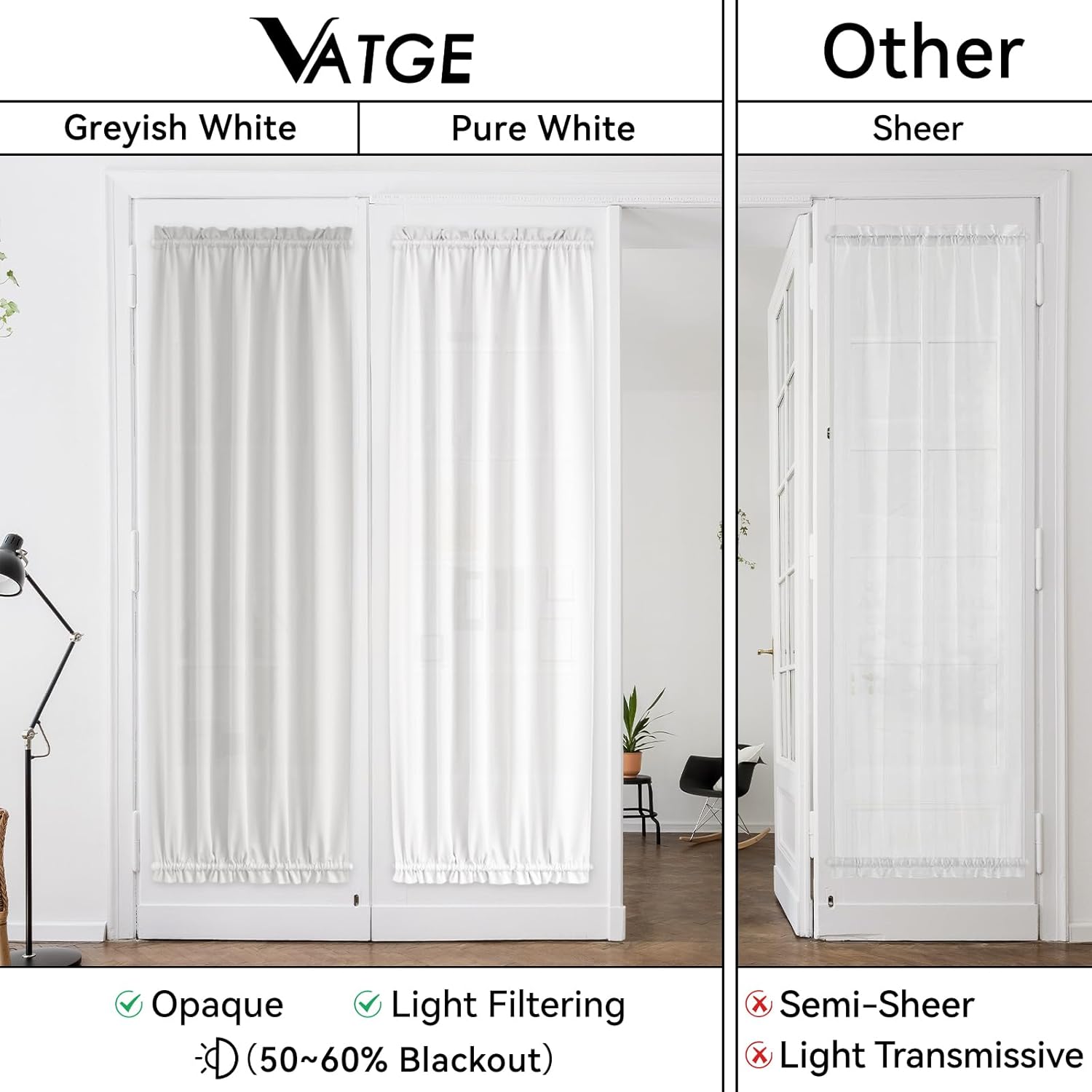 Vatge Self-Adhesive French Door Curtains - Rodless No Drill Light Filtering Window Treatment for Sliding Glass Doors, 1 Panel, W25 x L72, Greyish White