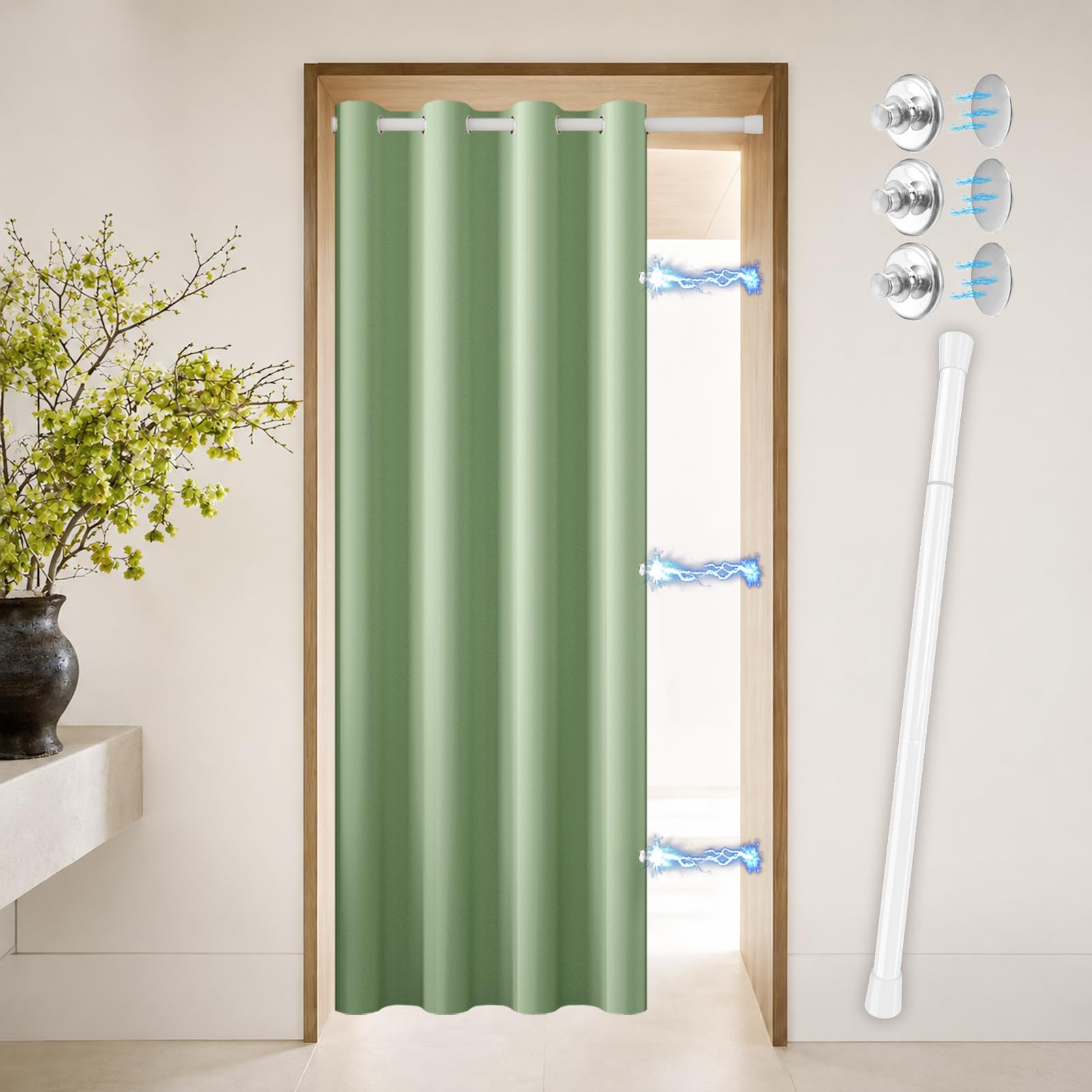 Vatge Magnetic Closet Curtain with Rod - W42 x L80, 1 Panel, Gray, Room Darkening Privacy Doorway Curtains for Open Bedroom, Temporary Door for Hallway