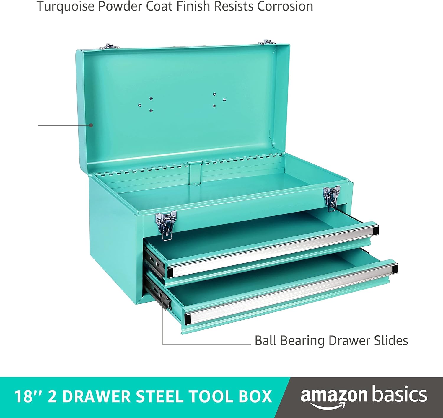 Amazon Basics Metal Tool Box with Drawers, Storage and Organization Tool Chest, Powder Coat Finish, 18.1 x 8.7 x 9.5 in, Turquoise