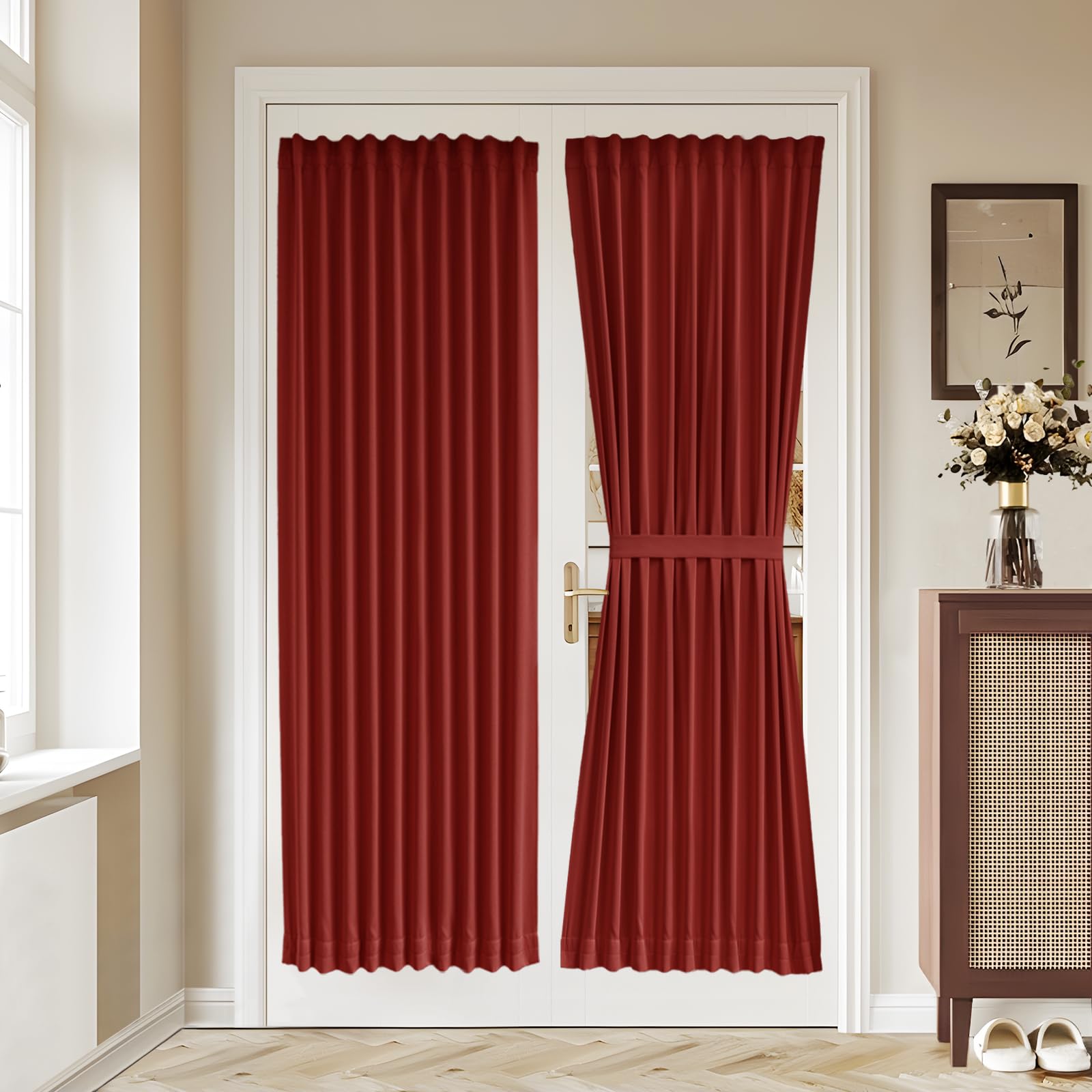 Vatge Self-Adhesive French Door Curtains - Rodless No Drill Light Filtering Window Treatment for Sliding Glass Doors, 1 Panel, W25 x L72, Greyish White