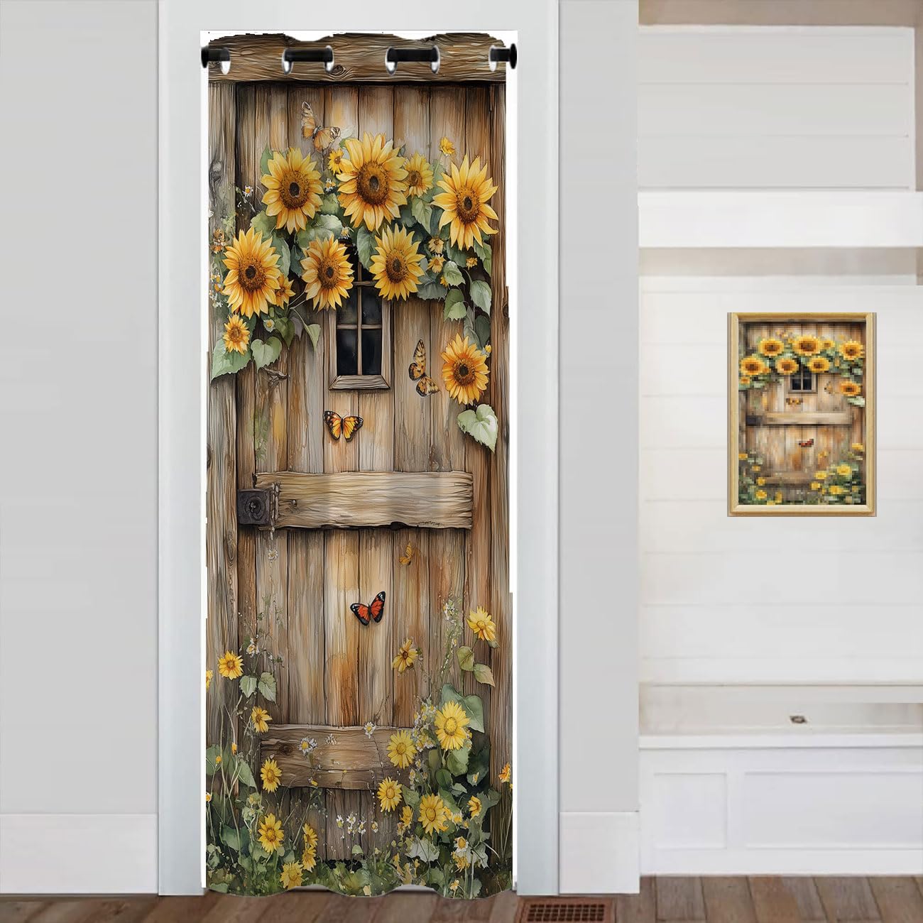 Wooden Barn Door Door Curtain for Doorway Privacy Sunflower Flowers Butterfly Country Closet Door Cover Curtain for Darkening Door Drape for Kid Teens Boys Teens, 1 Panel 34" W X 80" L