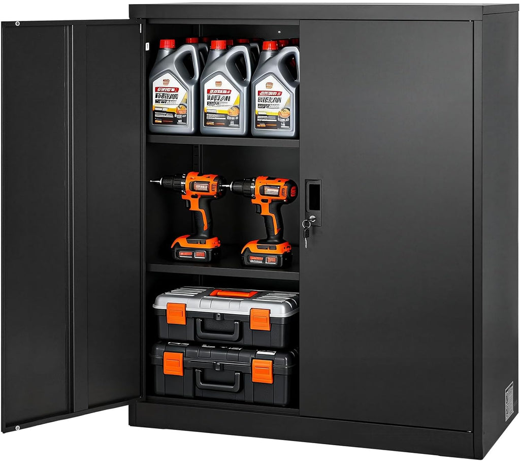 VEVOR Metal Storage Cabinet, 41.7 in Steel Garage Cabinet with 2 Adjustable Shelves, 2 Magnetic Doors & 2 Keys, 3 Tiers Lockable Tool Storage for Pantry, Warehouse, Basement, Office, Black