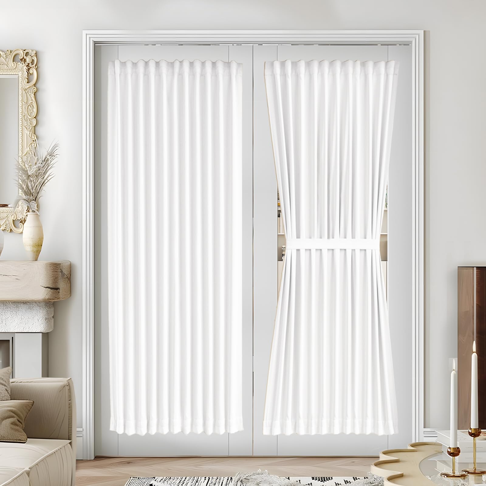 Vatge Self-Adhesive French Door Curtains - Rodless No Drill Light Filtering Window Treatment for Sliding Glass Doors, 1 Panel, W25 x L72, Greyish White