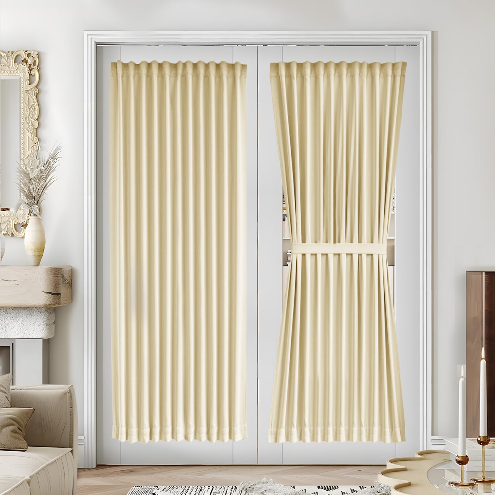Vatge Self-Adhesive French Door Curtains - Rodless No Drill Light Filtering Window Treatment for Sliding Glass Doors, 1 Panel, W25 x L72, Greyish White