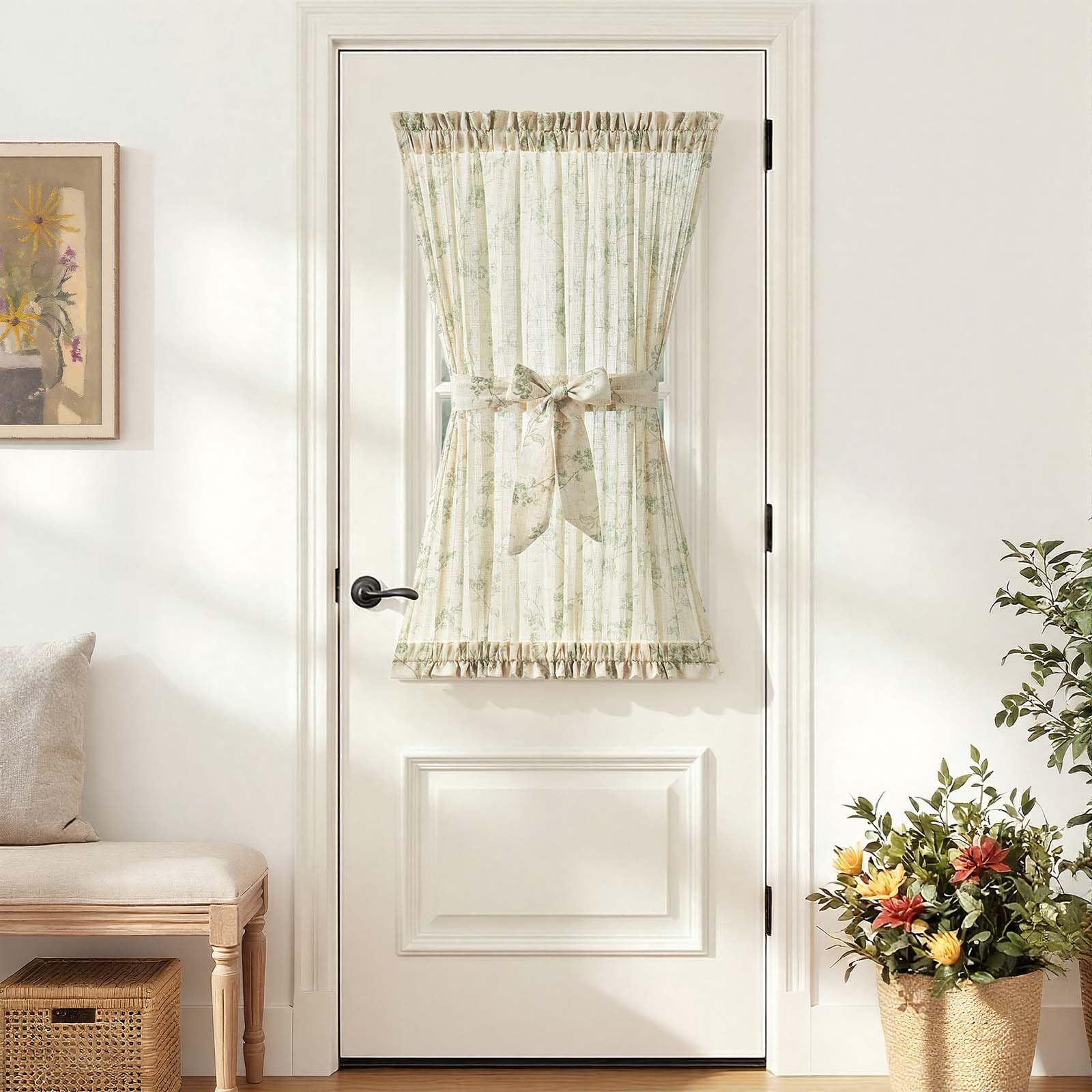 jinchan Floral French Door Curtain Panel Farmhouse Decor Light Filtering Linen with Tie Up Bow for Glass Door or Patio 72 Inch Length Rod Pocket 1 Panel Blue on Linen