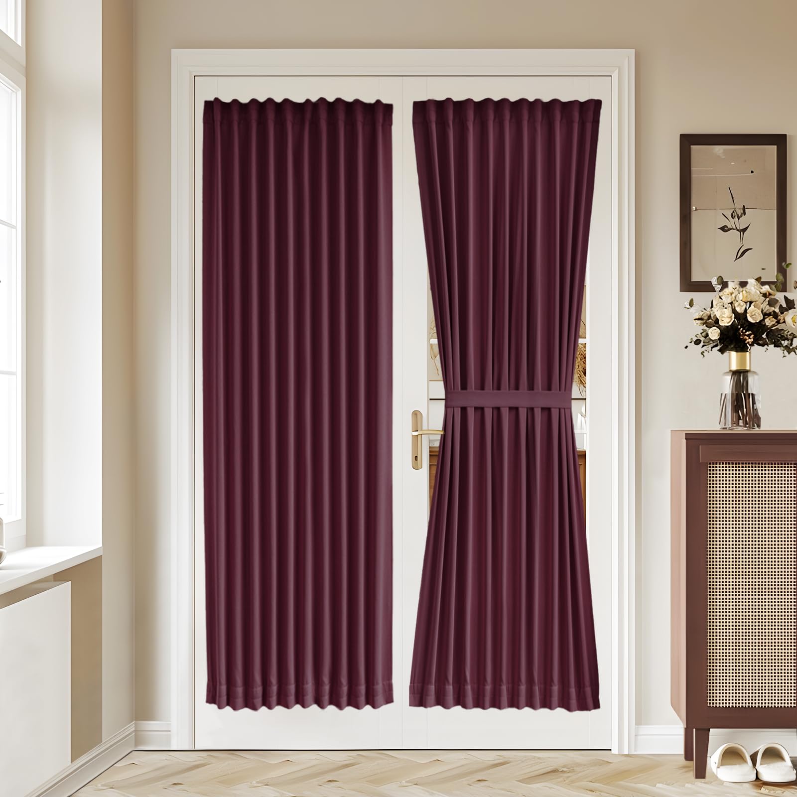 Vatge Self-Adhesive French Door Curtains - Rodless No Drill Light Filtering Window Treatment for Sliding Glass Doors, 1 Panel, W25 x L72, Greyish White