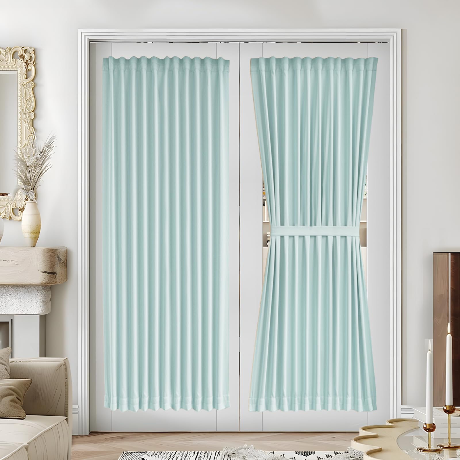 Vatge Self-Adhesive French Door Curtains - Rodless No Drill Light Filtering Window Treatment for Sliding Glass Doors, 1 Panel, W25 x L72, Greyish White