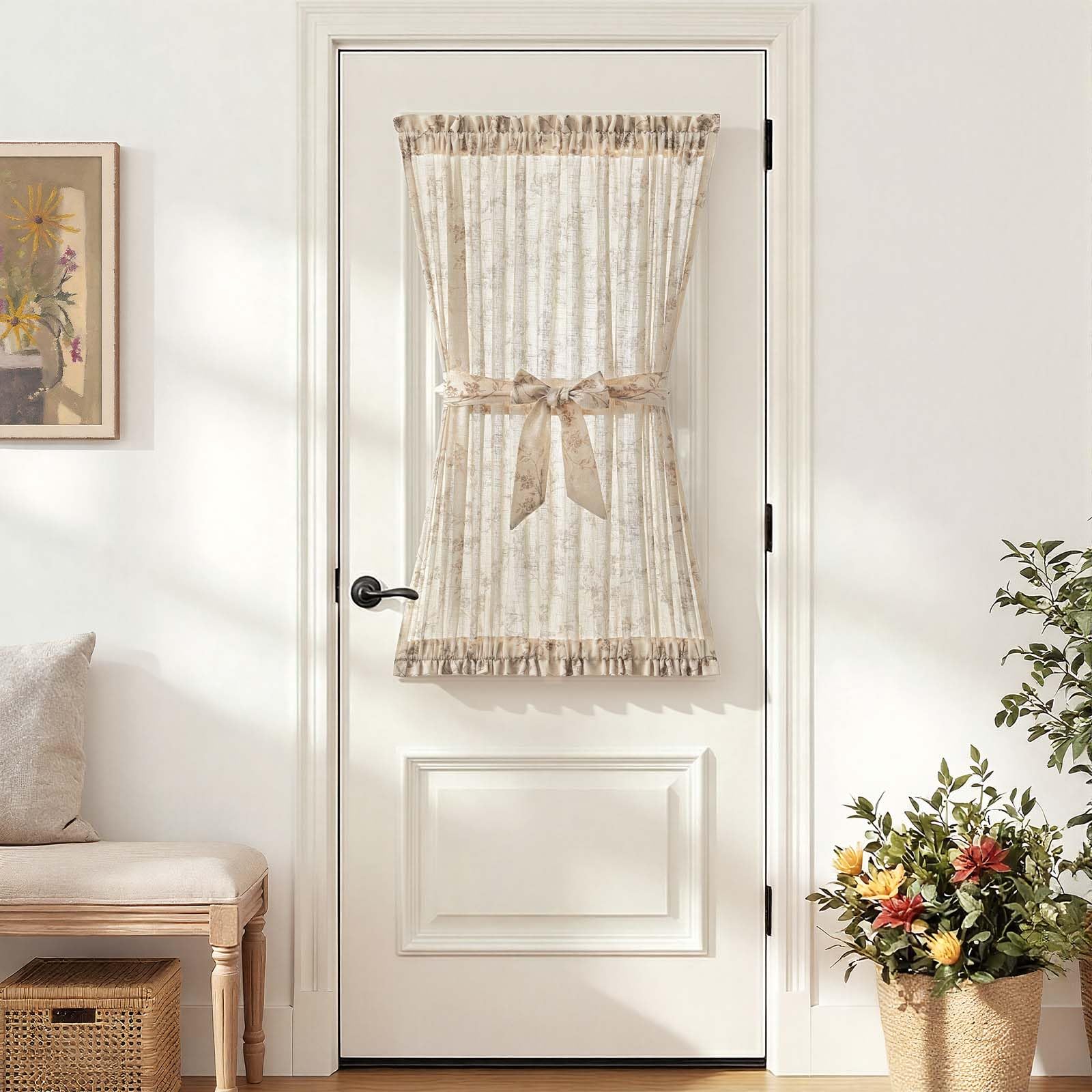 jinchan Floral French Door Curtain Panel Farmhouse Decor Light Filtering Linen with Tie Up Bow for Glass Door or Patio 72 Inch Length Rod Pocket 1 Panel Blue on Linen
