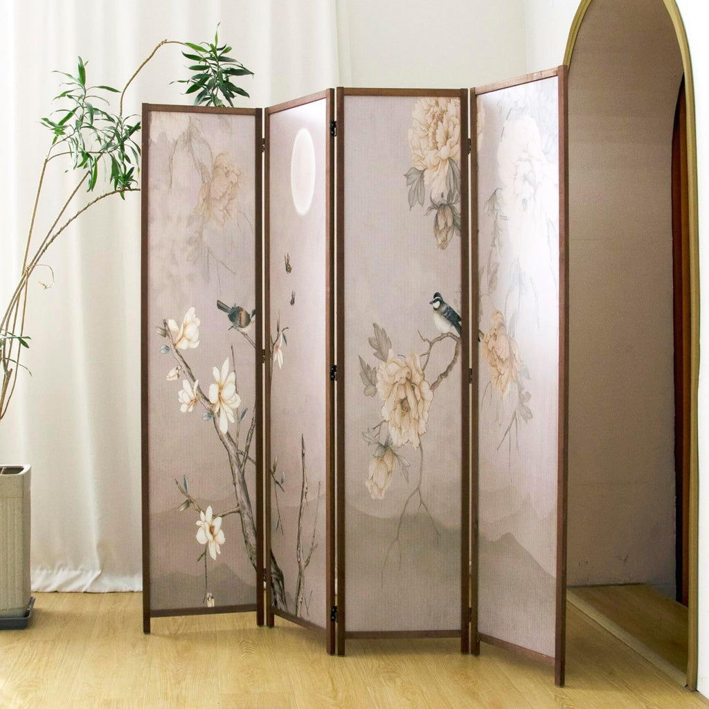 4 Panel Room Divider, 5.6 ft Tall Blackout Folding Privacy Screen - Freestanding Partition Wall with Double-Sided Patterns, Graceful Floral and Bird Artwork for Home Office (67" H x 63" W)