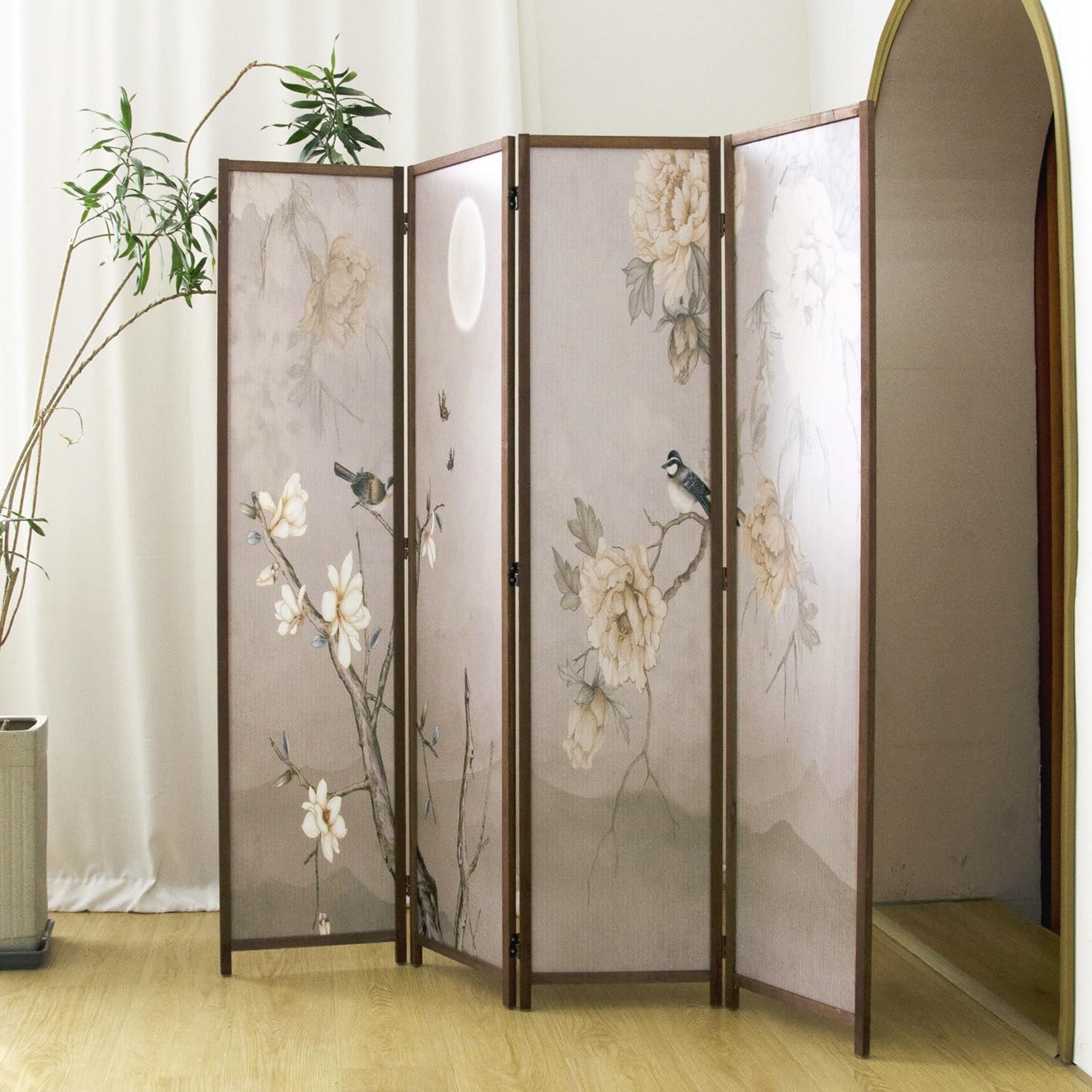 4 Panel Room Divider, 5.6 ft Tall Blackout Folding Privacy Screen - Freestanding Partition Wall with Double-Sided Patterns, Graceful Floral and Bird Artwork for Home Office (67" H x 63" W)