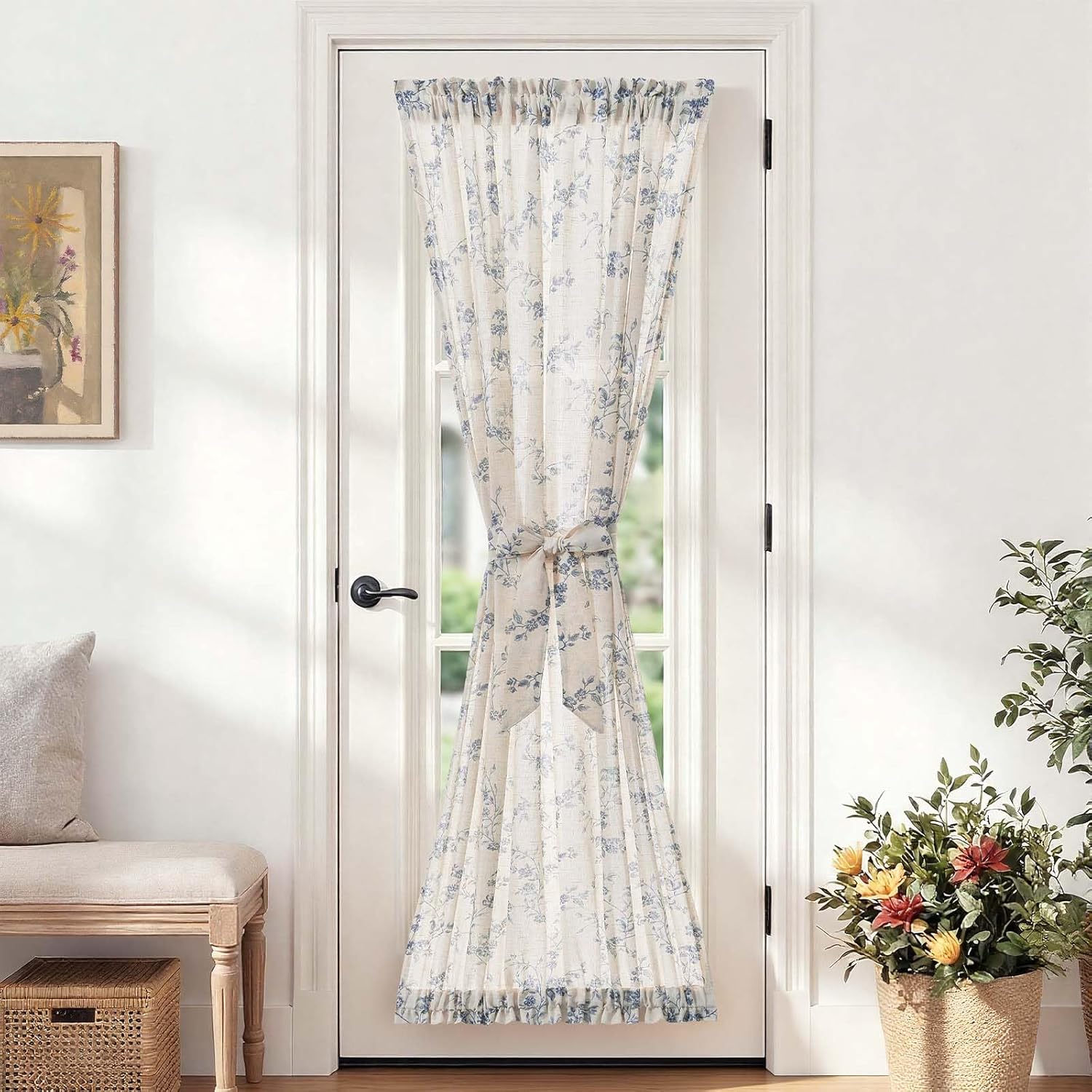 jinchan Floral French Door Curtain Panel Farmhouse Decor Light Filtering Linen with Tie Up Bow for Glass Door or Patio 72 Inch Length Rod Pocket 1 Panel Blue on Linen