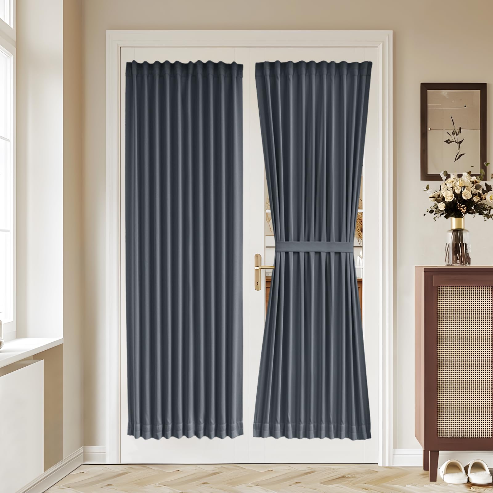 Vatge Self-Adhesive French Door Curtains - Rodless No Drill Light Filtering Window Treatment for Sliding Glass Doors, 1 Panel, W25 x L72, Greyish White