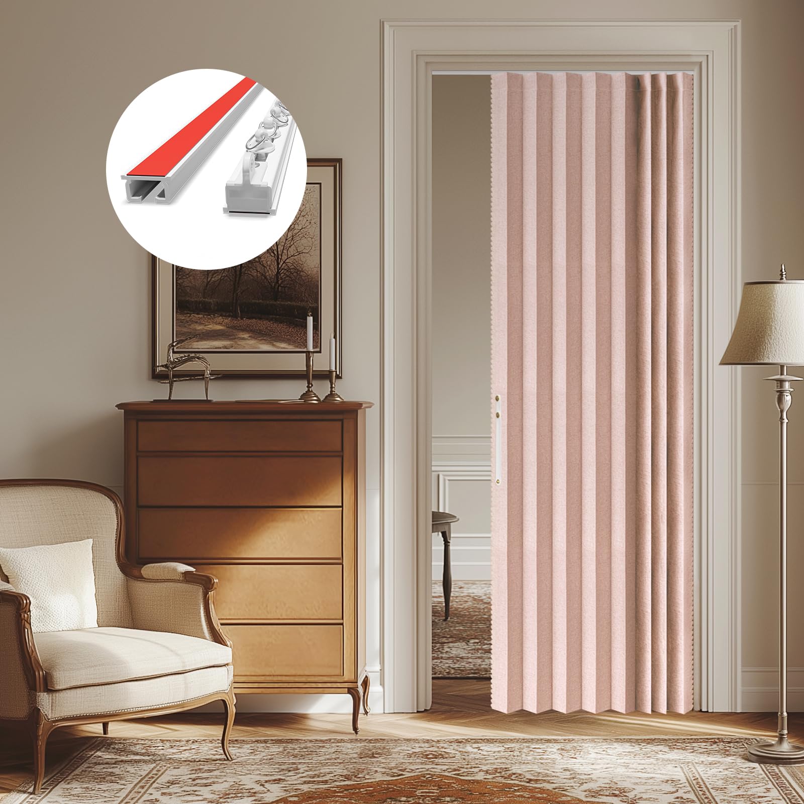 AJAZZ 100% Blackout Accordion Door Front Door Curtain Invisible Folding Doors Interior for Bedroom Living Room Doorway Curtain Sets Included Tracks (1Panel, 53W x 79 L, Black)