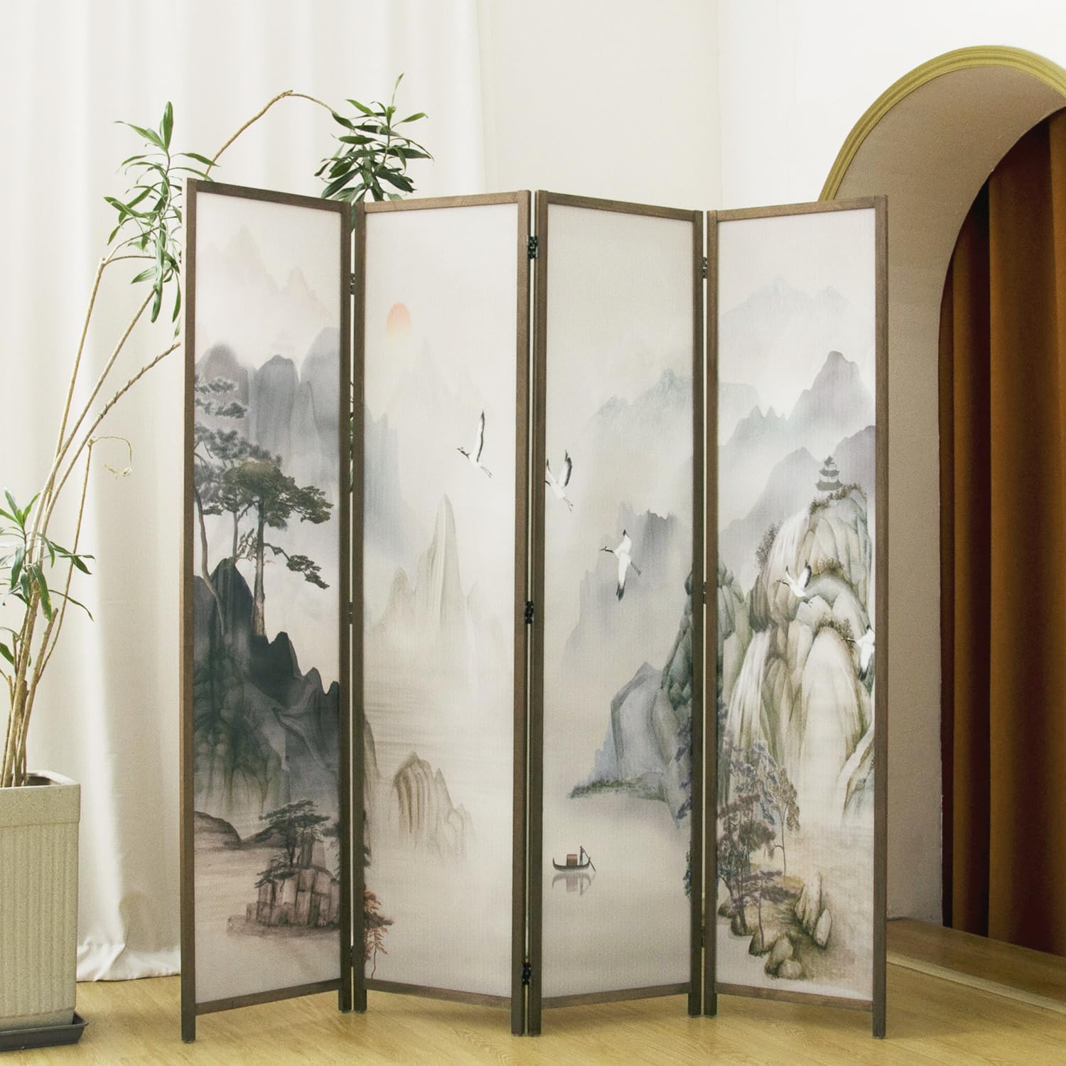 4 Panel Room Divider, 5.6 ft Tall Blackout Folding Privacy Screen - Freestanding Partition Wall with Double-Sided Patterns, Graceful Floral and Bird Artwork for Home Office (67" H x 63" W)