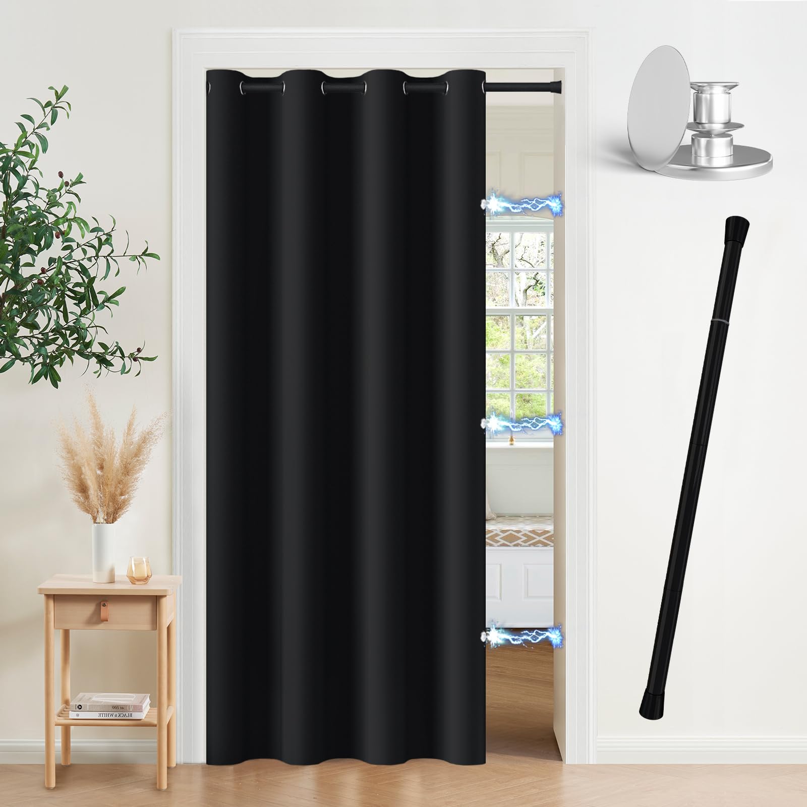 Vatge Magnetic Closet Curtain with Rod - W42 x L80, 1 Panel, Gray, Room Darkening Privacy Doorway Curtains for Open Bedroom, Temporary Door for Hallway