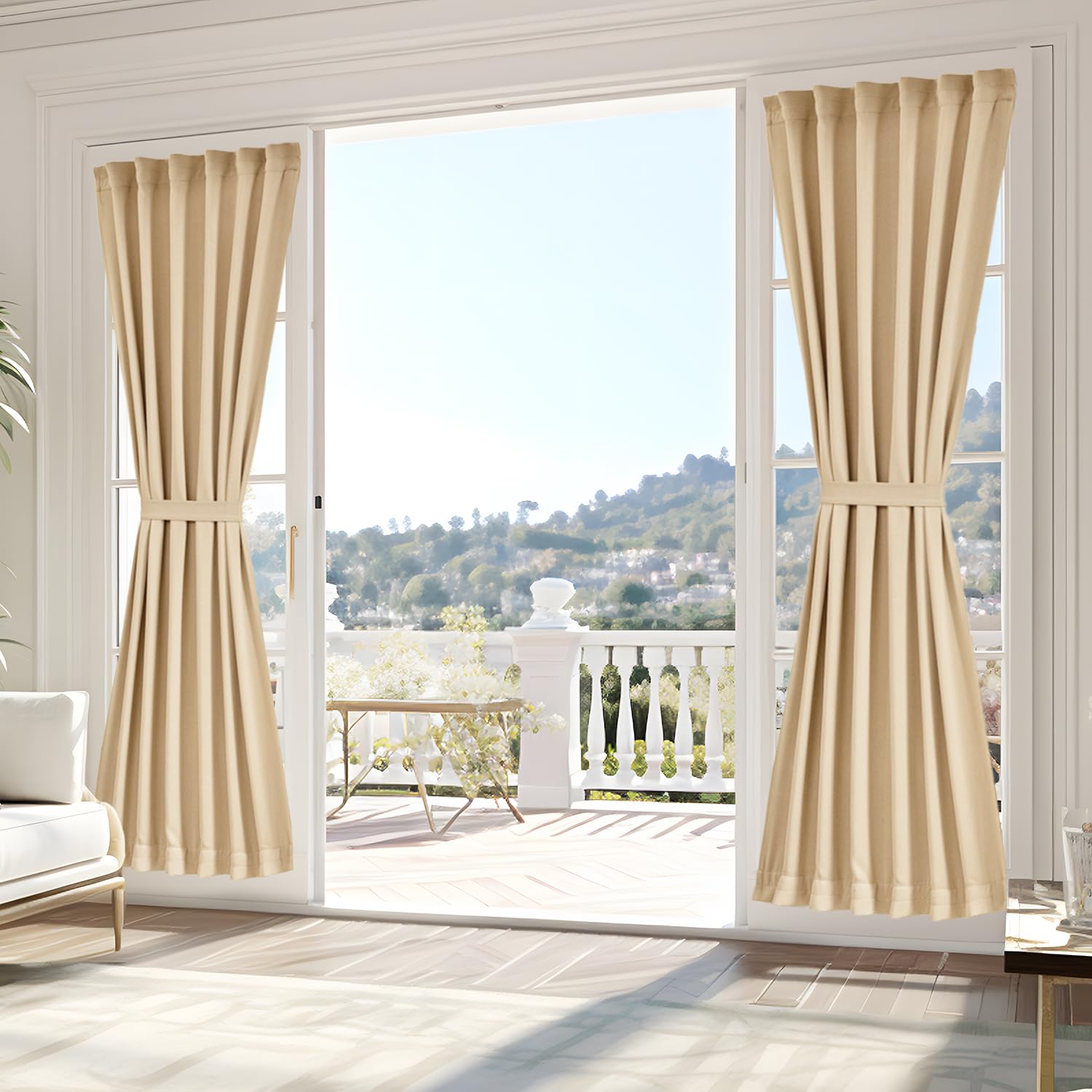 Vatge Self-Adhesive French Door Curtains - Rodless No Drill Light Filtering Window Treatment for Sliding Glass Doors, 1 Panel, W25 x L72, Greyish White