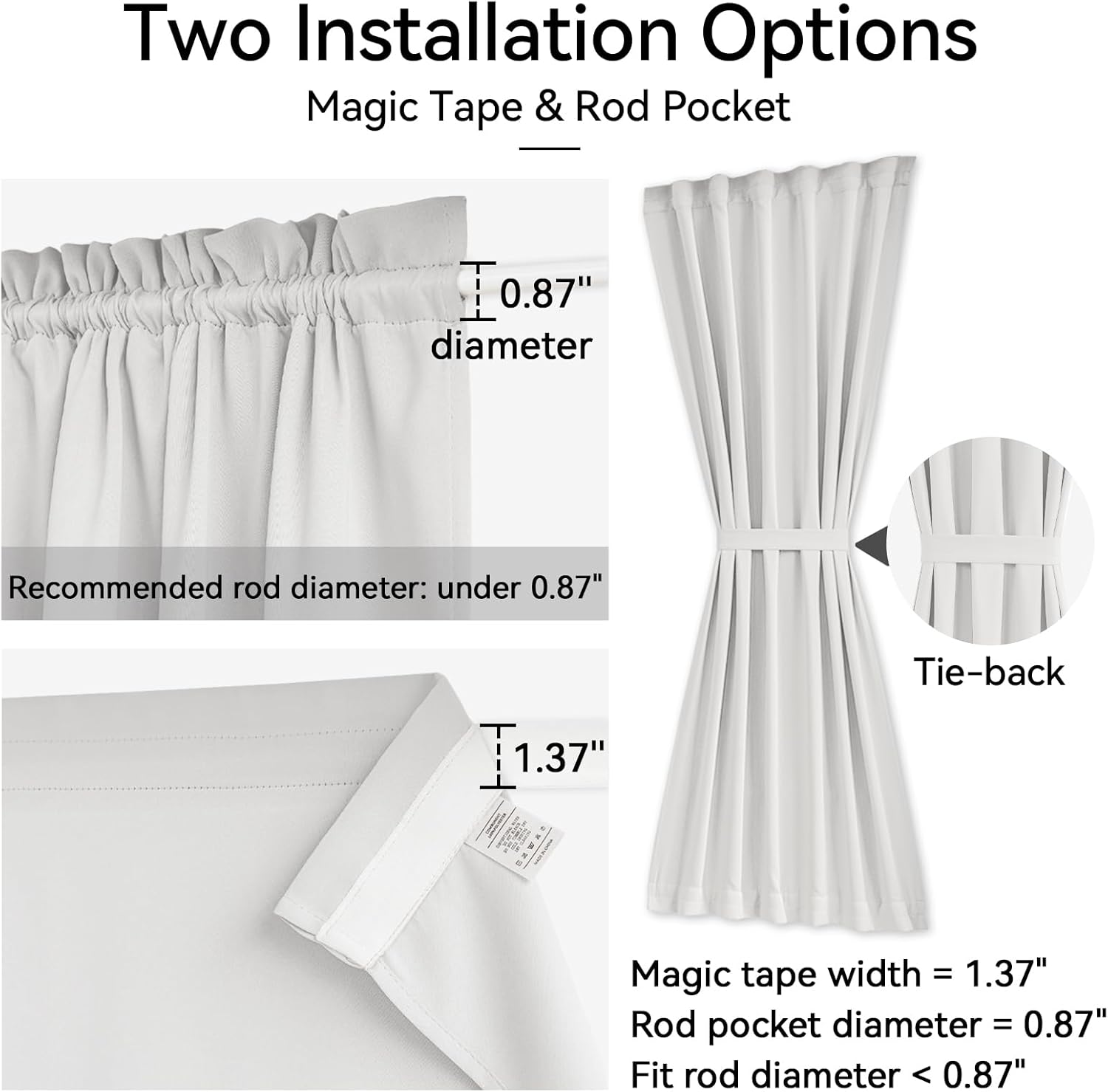 Vatge Self-Adhesive French Door Curtains - Rodless No Drill Light Filtering Window Treatment for Sliding Glass Doors, 1 Panel, W25 x L72, Greyish White