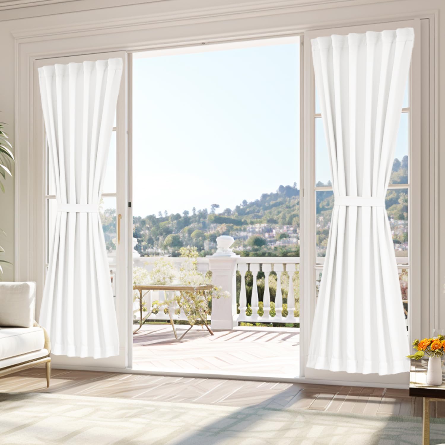 Vatge Self-Adhesive French Door Curtains - Rodless No Drill Light Filtering Window Treatment for Sliding Glass Doors, 1 Panel, W25 x L72, Greyish White