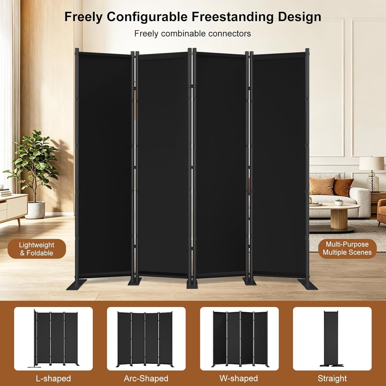 4 Panel Room Divider, 6FT Freestanding Folding Privacy Screen, Room Divider Panel 76.77" W X 75.6" H, Portable Partition Wall Dividers for Home Office Bedroom, Black