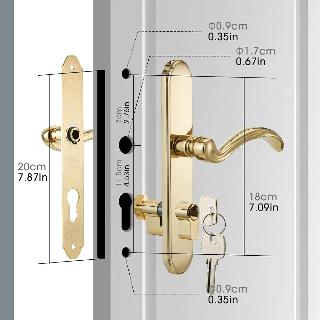 MaxxGeek Storm Door Handle Accessory Set fit Pella Storm Door Handle Replacement Part, with Key and Lock Cylinder, Mortise Lock Not Included (Polished Gold)