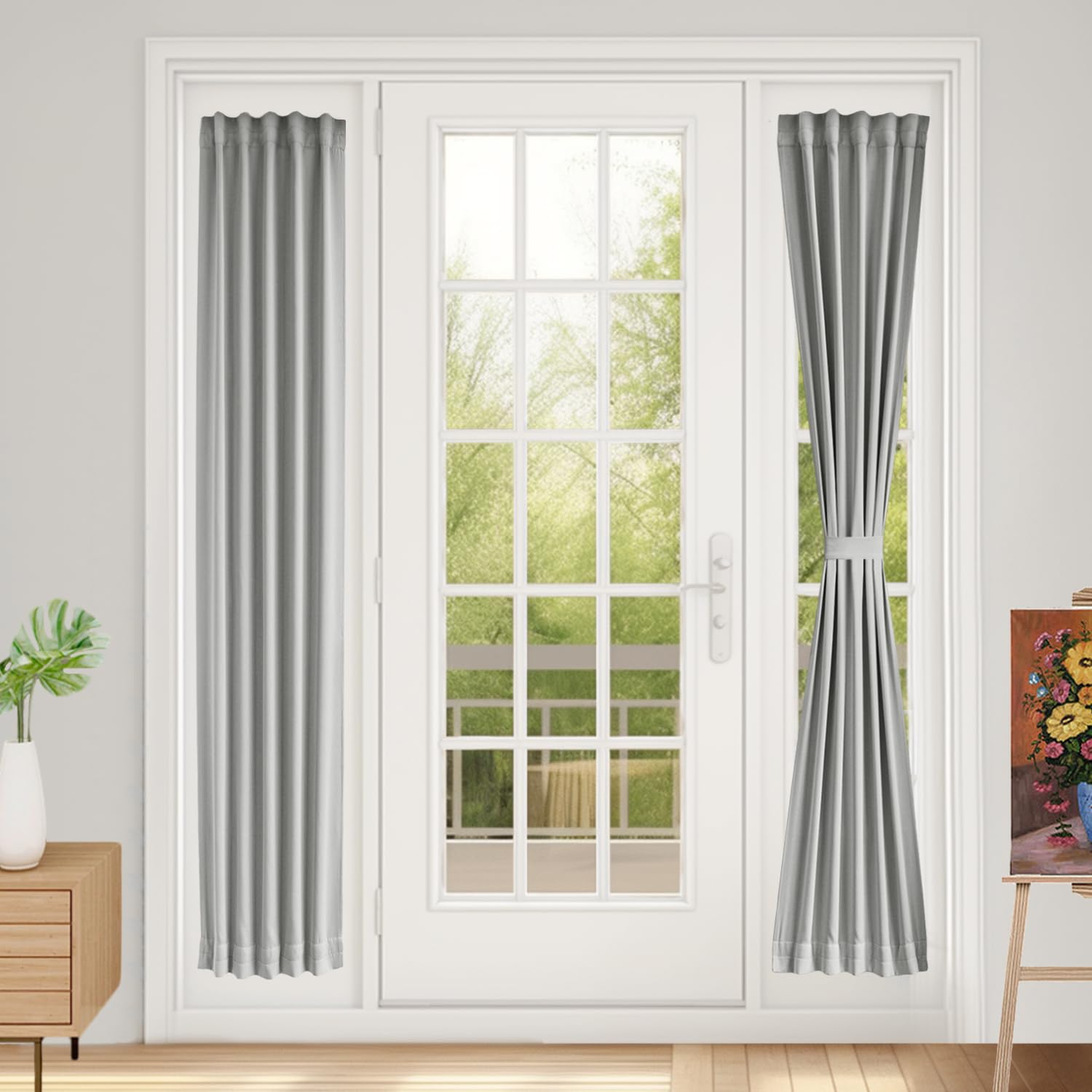 Vatge Self-Adhesive French Door Curtains - Rodless No Drill Light Filtering Window Treatment for Sliding Glass Doors, 1 Panel, W25 x L72, Greyish White