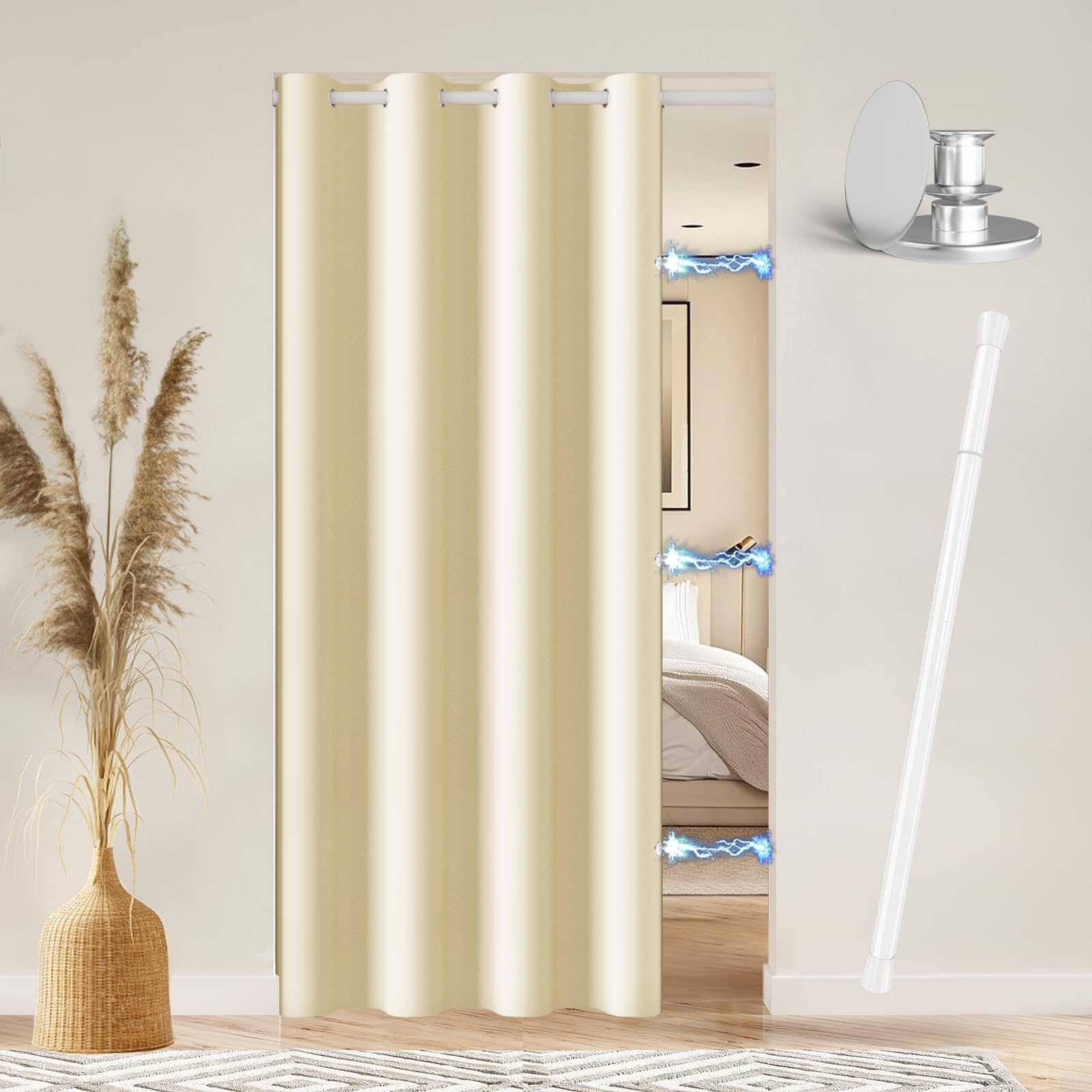 Vatge Magnetic Closet Curtain with Rod - W42 x L80, 1 Panel, Gray, Room Darkening Privacy Doorway Curtains for Open Bedroom, Temporary Door for Hallway