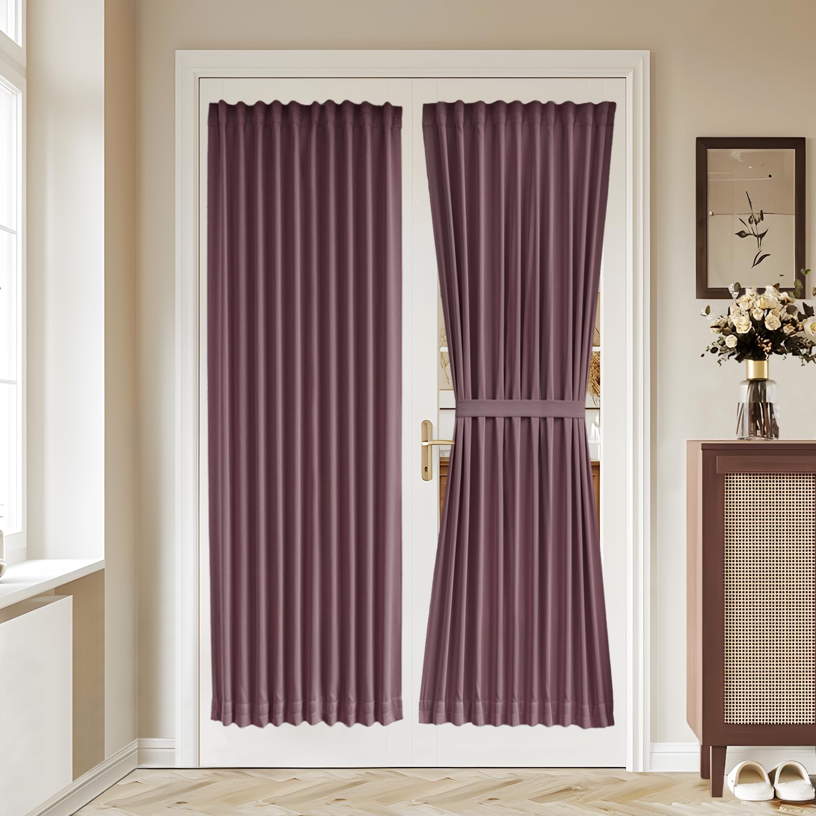 Vatge Self-Adhesive French Door Curtains - Rodless No Drill Light Filtering Window Treatment for Sliding Glass Doors, 1 Panel, W25 x L72, Greyish White