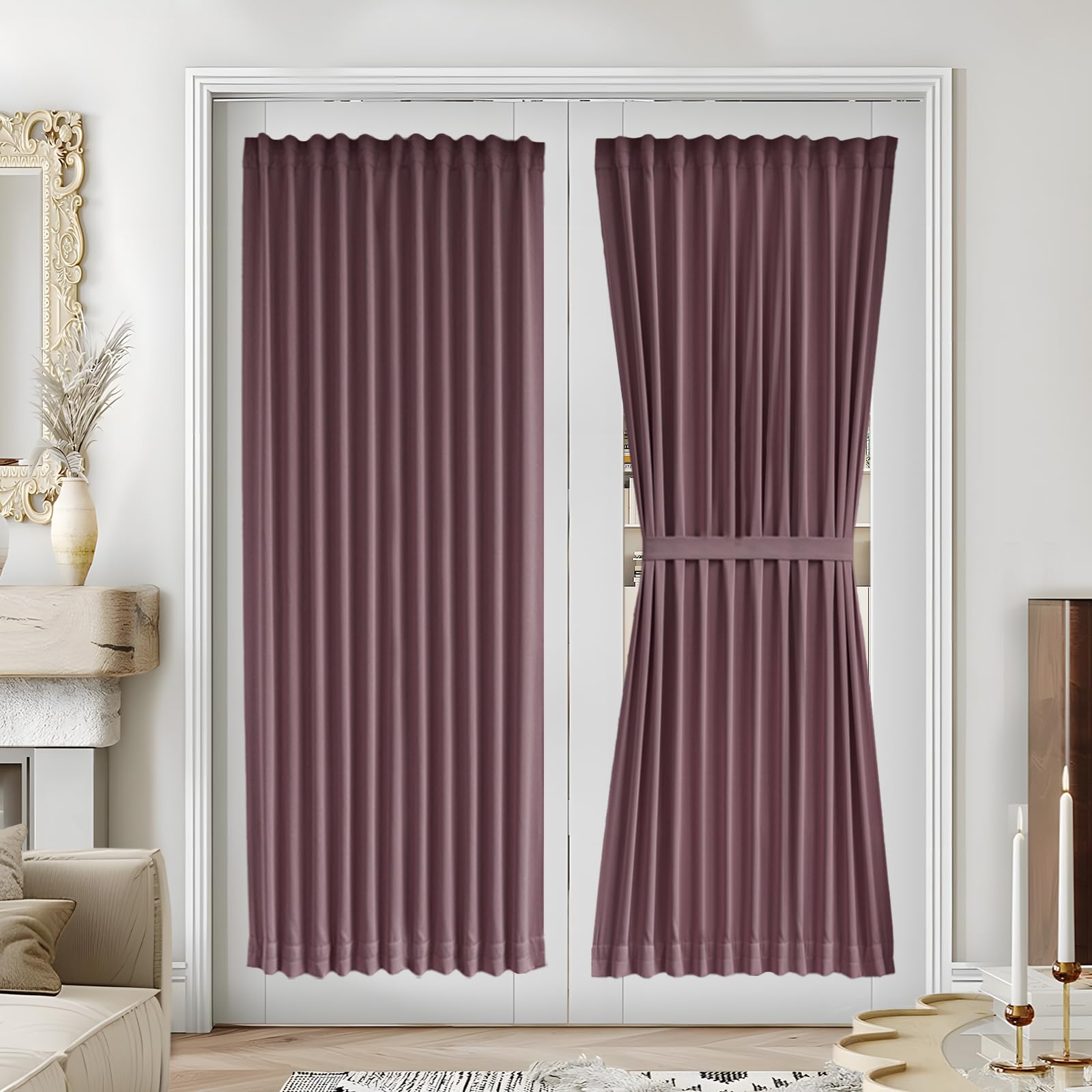 Vatge Self-Adhesive French Door Curtains - Rodless No Drill Light Filtering Window Treatment for Sliding Glass Doors, 1 Panel, W25 x L72, Greyish White