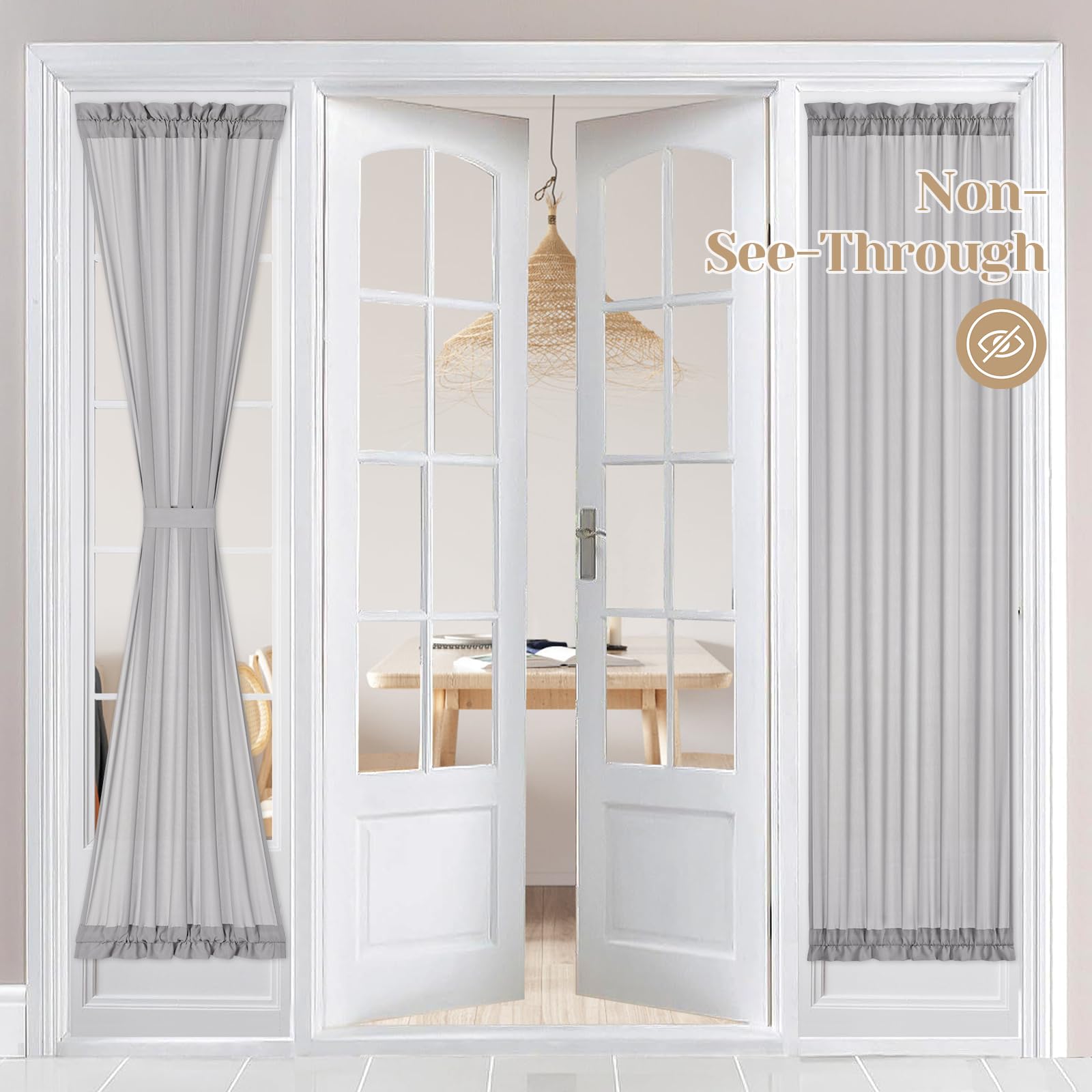 HOMEIDEAS Non-See-Through French Door Curtains Set of 2 for Front Door, Light Filtering Privacy Semi Sheer Window Curtains with Rod Pocket and Tie Back, Beige/Taupe, 26W X 72L Inch