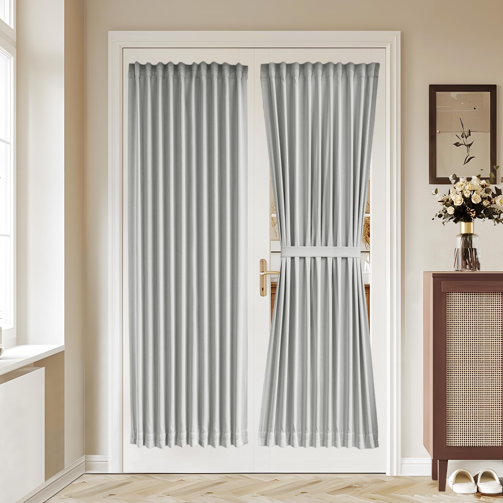 Vatge Self-Adhesive French Door Curtains - Rodless No Drill Light Filtering Window Treatment for Sliding Glass Doors, 1 Panel, W25 x L72, Greyish White