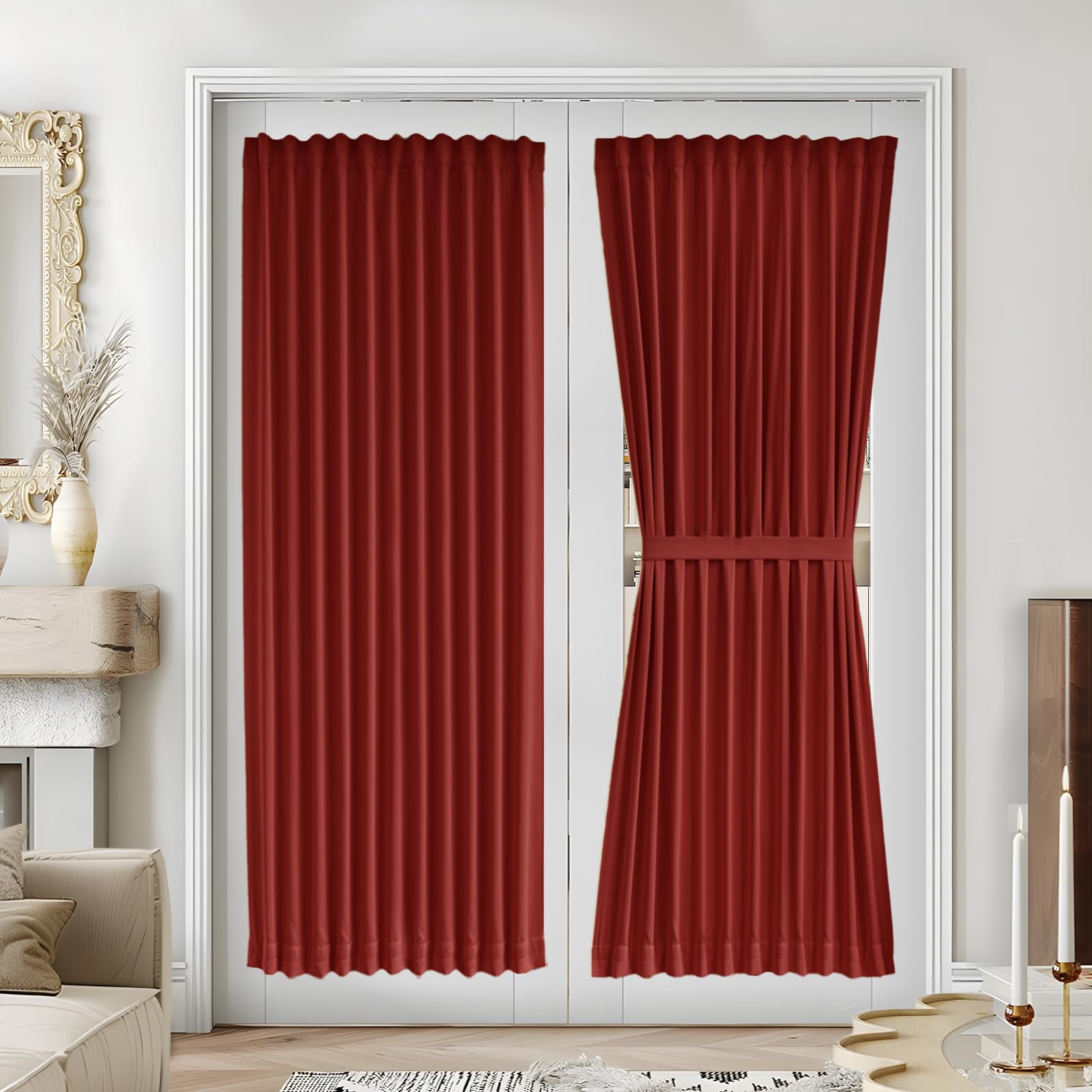 Vatge Self-Adhesive French Door Curtains - Rodless No Drill Light Filtering Window Treatment for Sliding Glass Doors, 1 Panel, W25 x L72, Greyish White