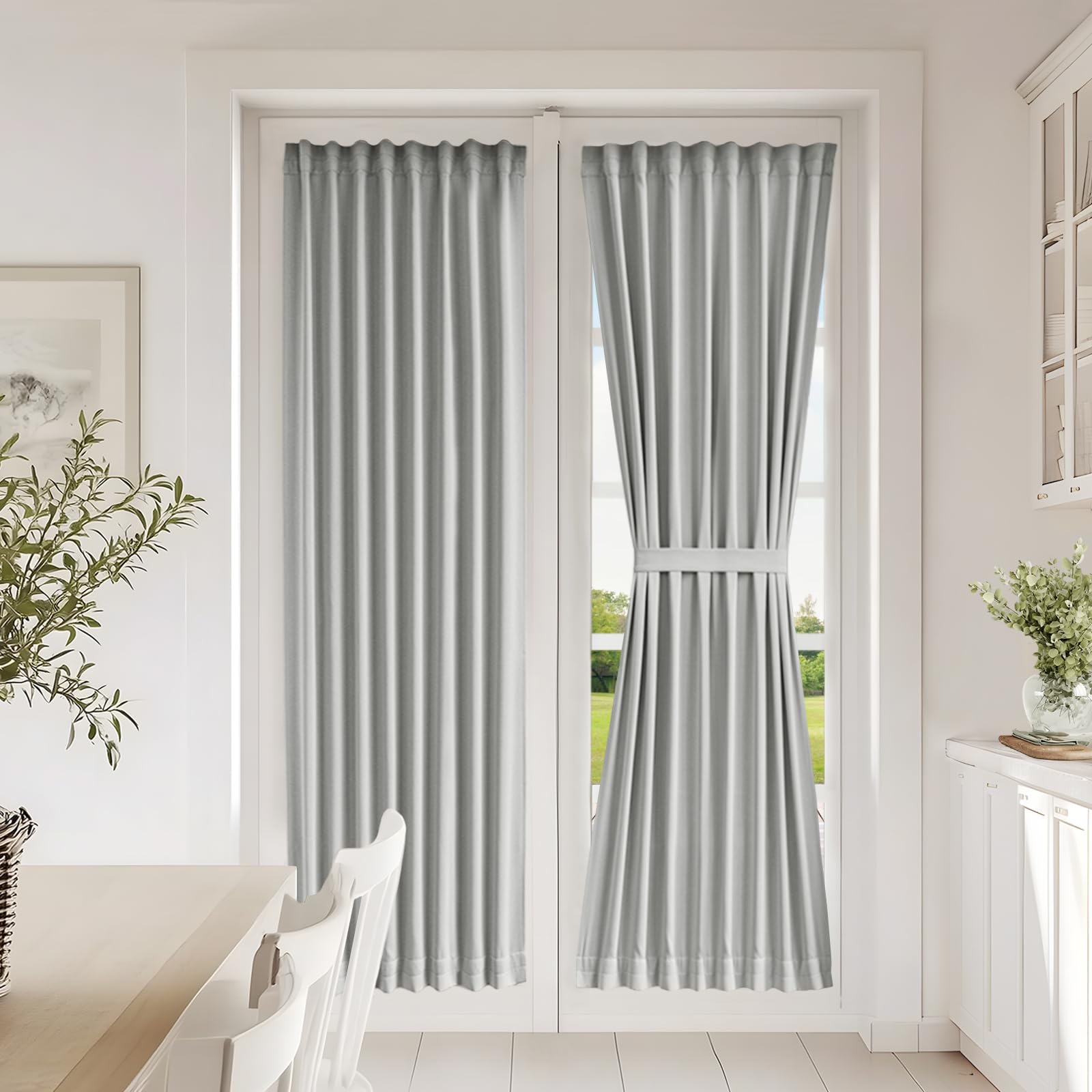 Vatge Self-Adhesive French Door Curtains - Rodless No Drill Light Filtering Window Treatment for Sliding Glass Doors, 1 Panel, W25 x L72, Greyish White