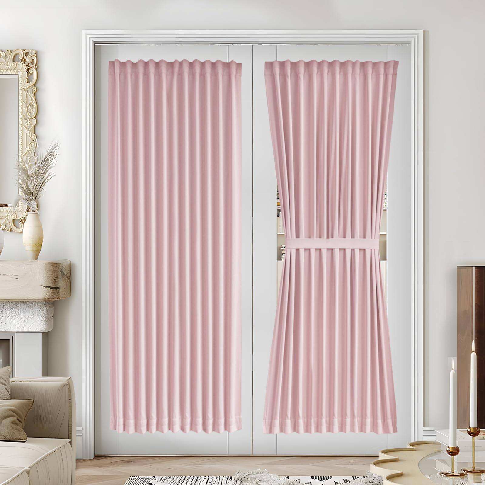 Vatge Self-Adhesive French Door Curtains - Rodless No Drill Light Filtering Window Treatment for Sliding Glass Doors, 1 Panel, W25 x L72, Greyish White