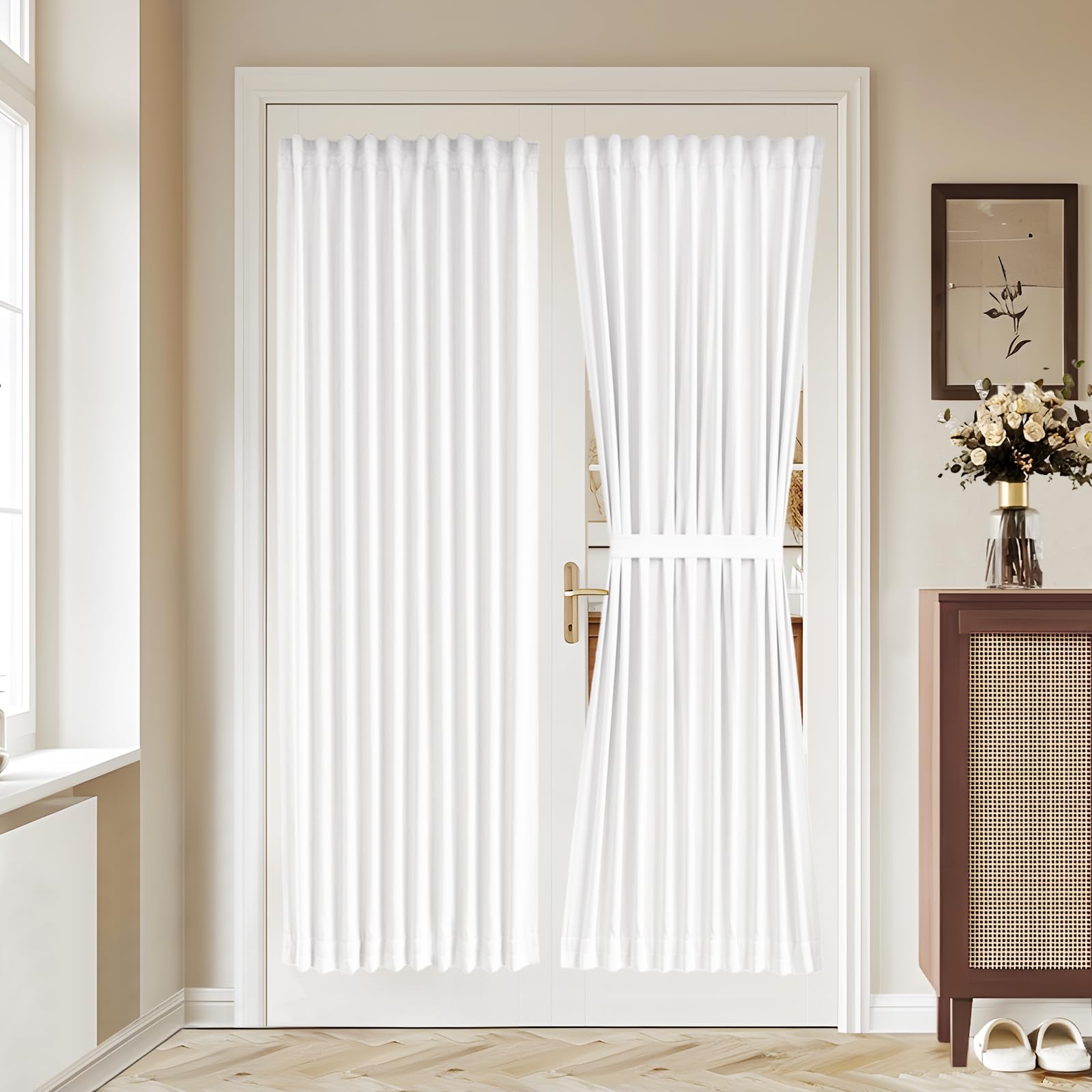 Vatge Self-Adhesive French Door Curtains - Rodless No Drill Light Filtering Window Treatment for Sliding Glass Doors, 1 Panel, W25 x L72, Greyish White