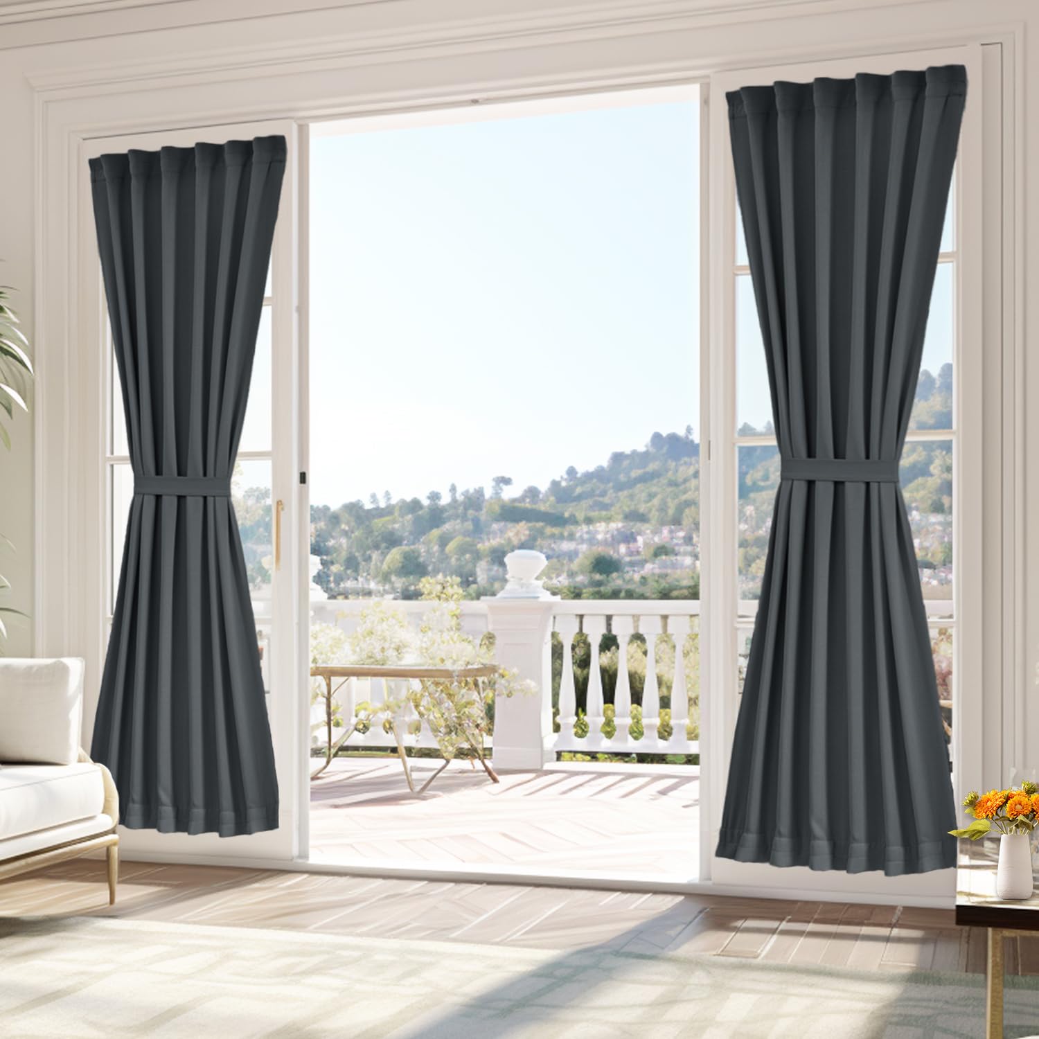 Vatge Self-Adhesive French Door Curtains - Rodless No Drill Light Filtering Window Treatment for Sliding Glass Doors, 1 Panel, W25 x L72, Greyish White